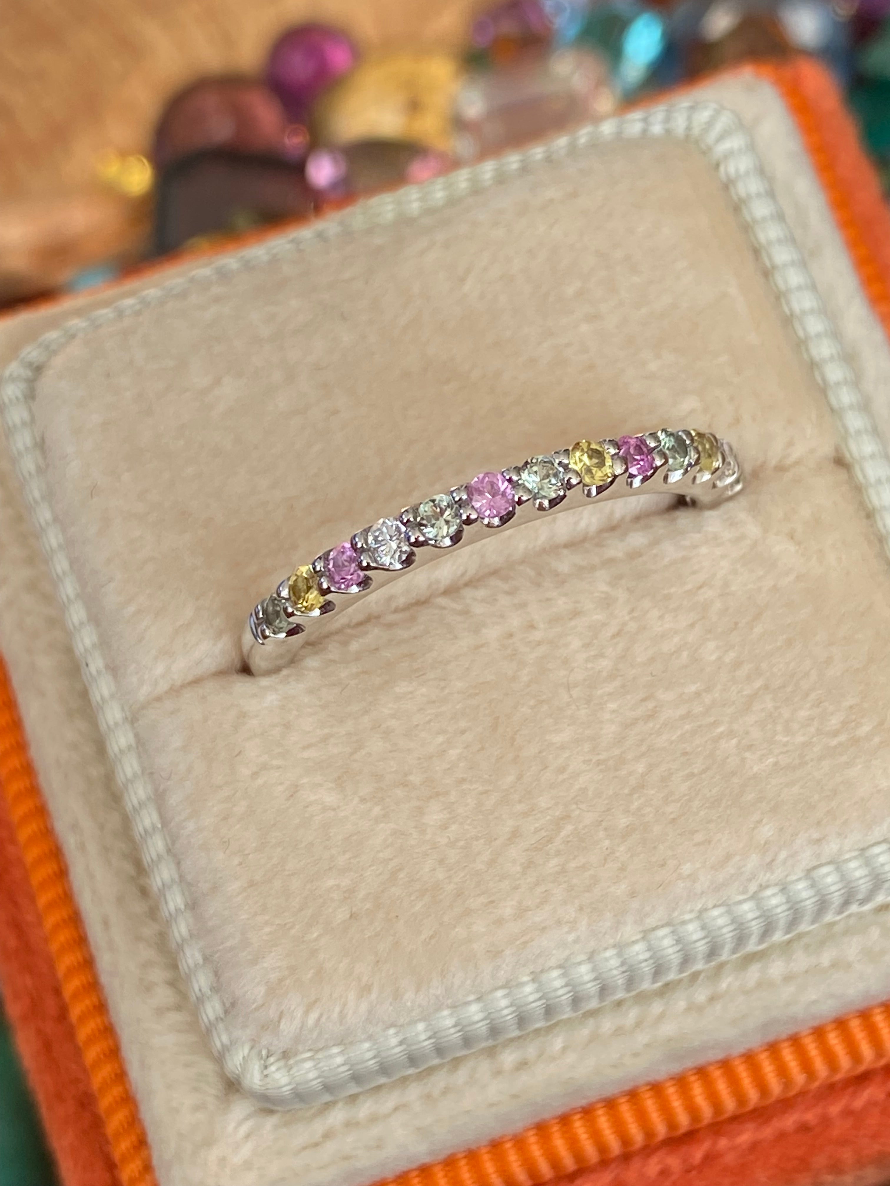 0.37 CTW Sweetshop Yellow, Pink, and Green Sapphire, and Natural Diamond Eternity Ring in 18ct White Gold