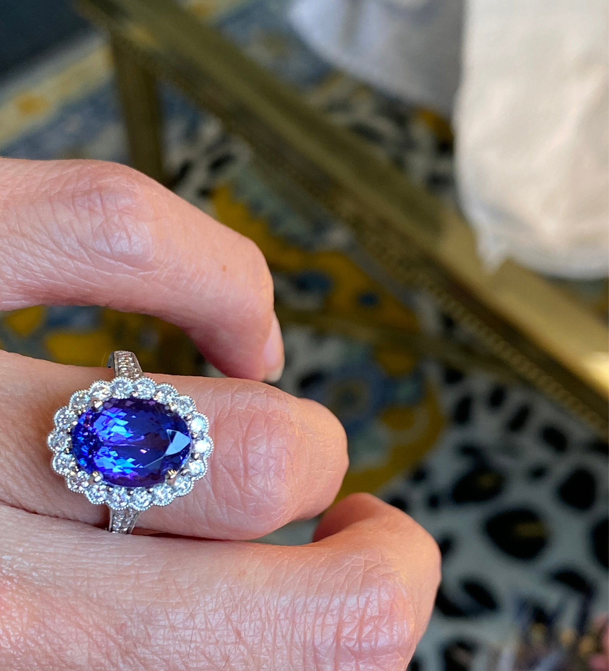 3.87 Carat Oval Cut Tanzanite and 0.75ctw Natural Diamond Cocktail Ring in Platinum