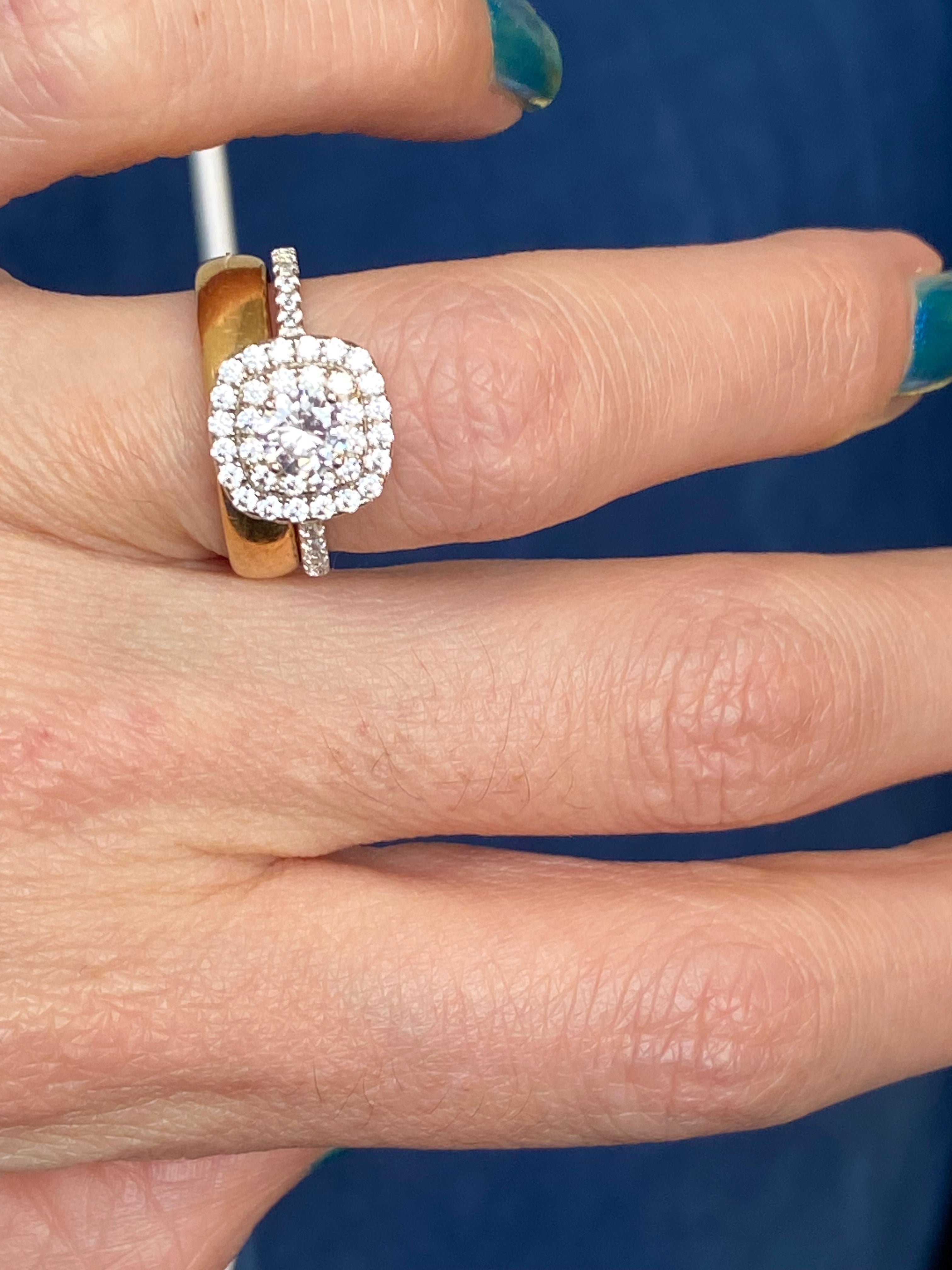 Round Cut Moissanite Double Halo Engagement and Wedding / Eternity Ring Set in Sterling Silver