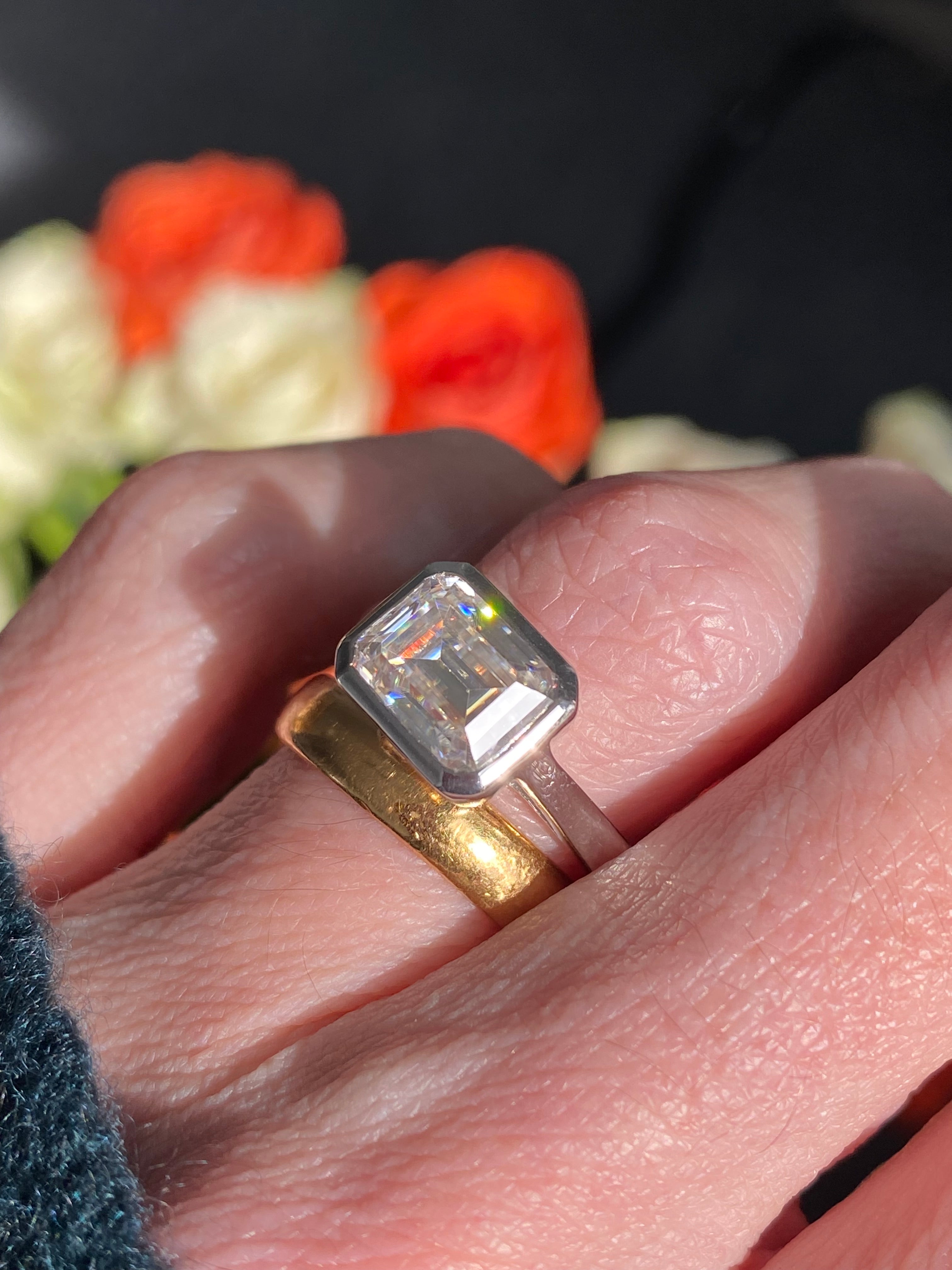 3.00 Carat Emerald Cut Moissanite East West Solitaire Ring in Sterling Silver