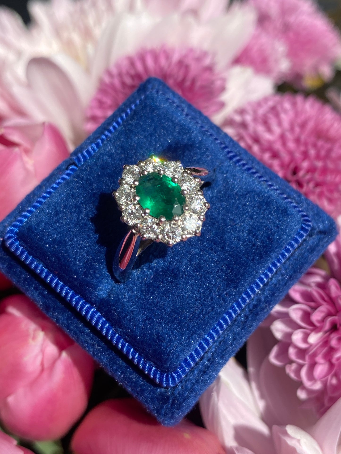 0.60 Carat Emerald and 0.66 ctw Natural Diamond Halo Engagement Ring in Platinum