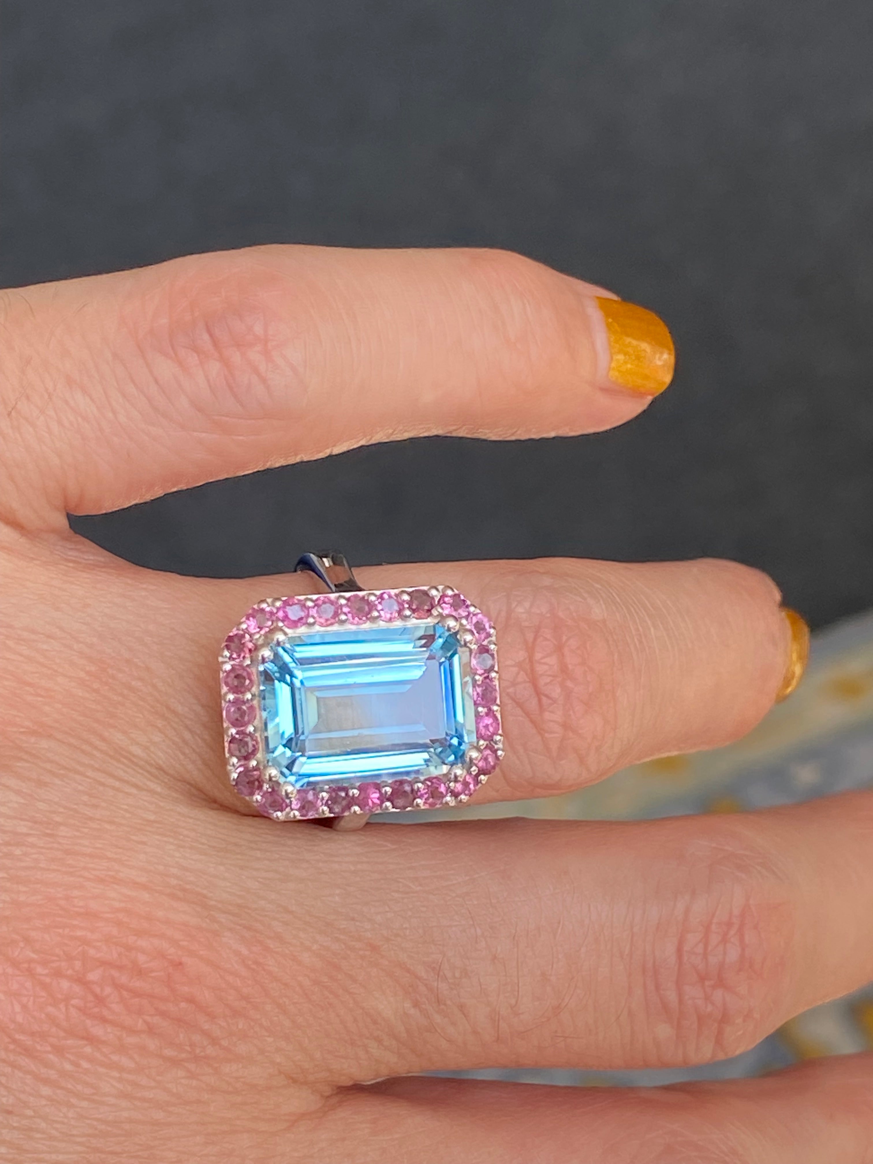 6.50 CTW Blue Topaz and Pink Tourmaline Halo Ring in Sterling Silver