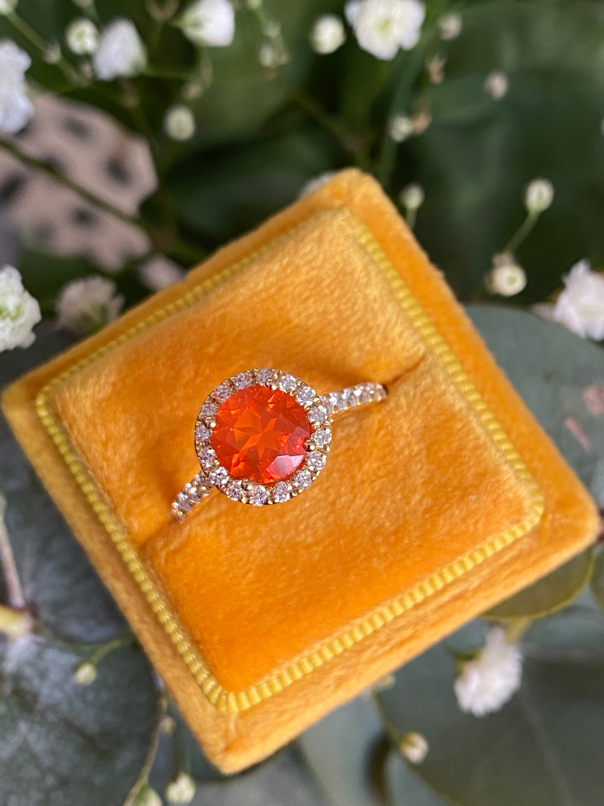 1.37 CTW Fire Opal and Natural Diamond Halo Ring in 18ct Yellow Gold