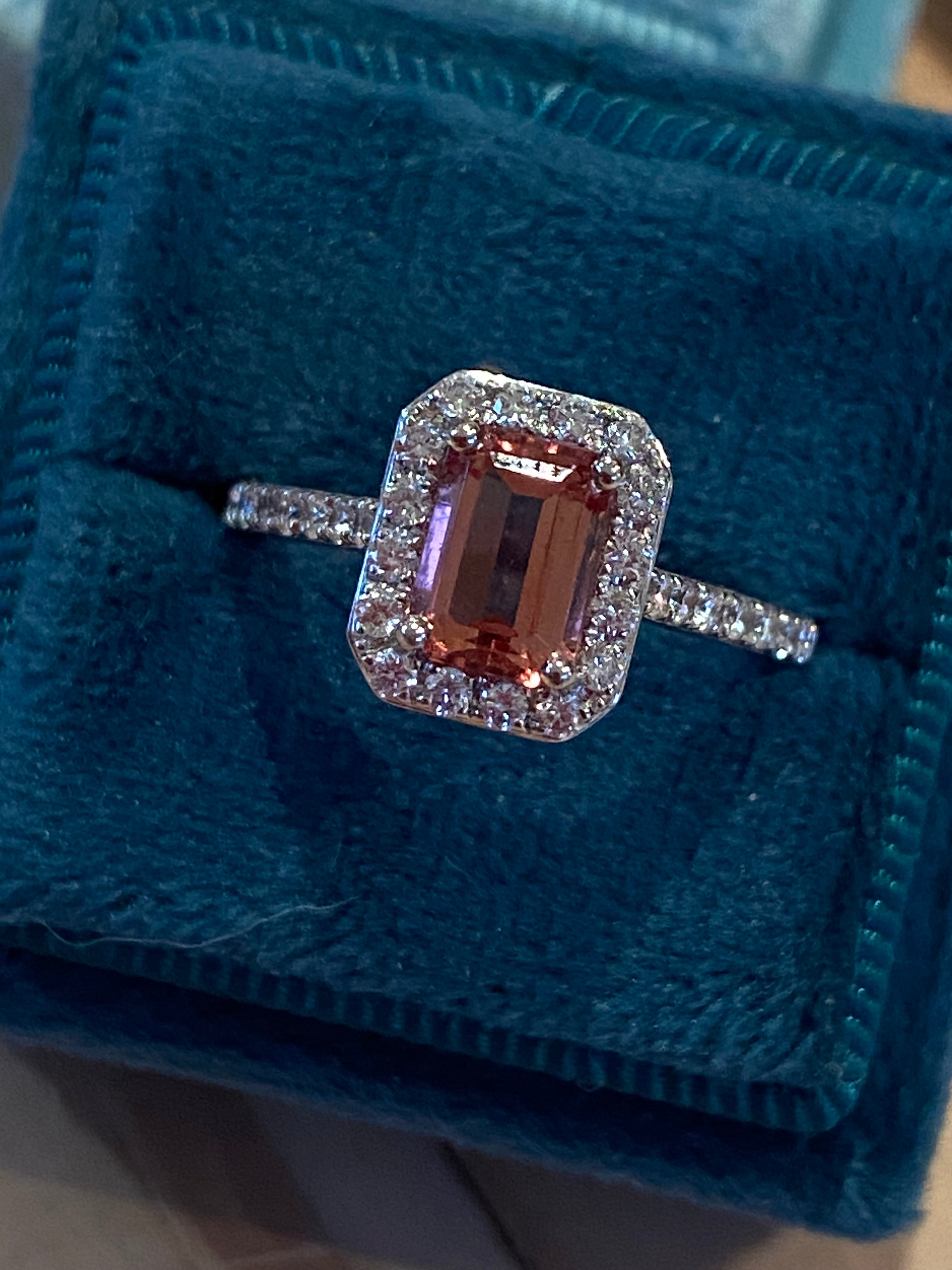 1.42 CTW Emerald Cut Pink Tourmaline and Natural Diamond Halo Ring in Platinum