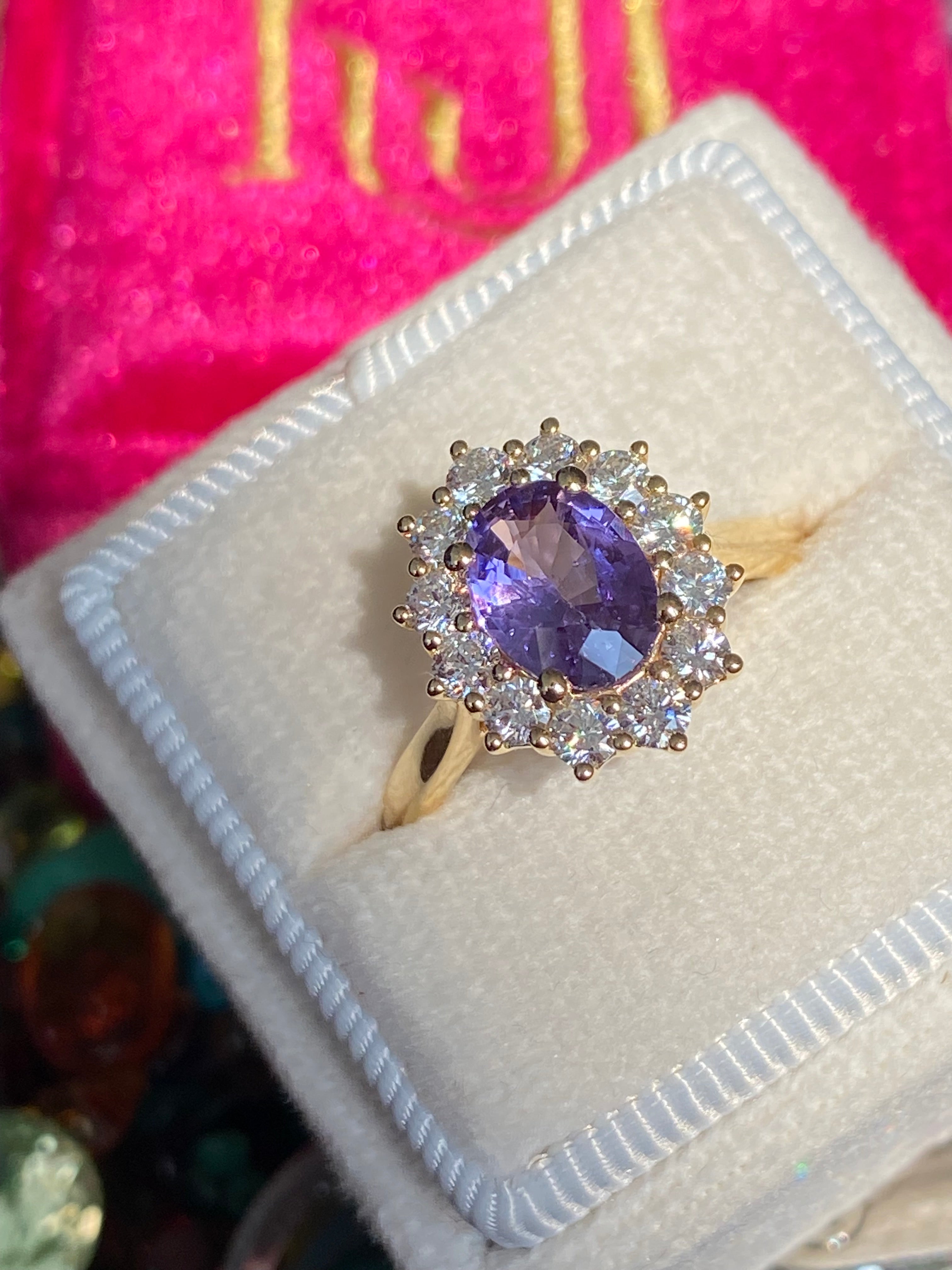 2.08 CTW Violet Sapphire and Natural Diamond Halo Ring in 18ct Yellow Gold