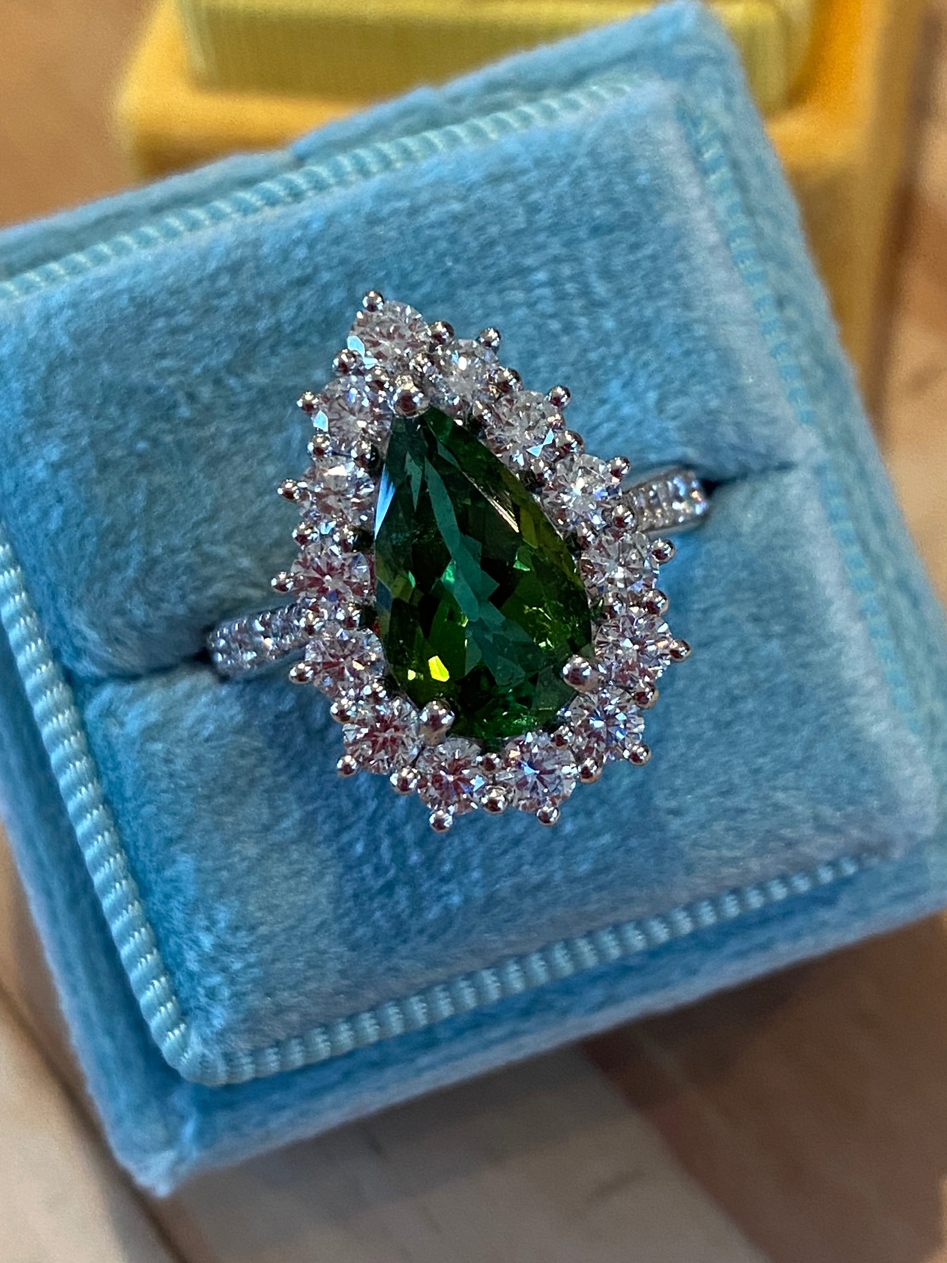 3.97 CTW Pear Cut Green Tourmaline and Natural Diamond Ring in Platinum