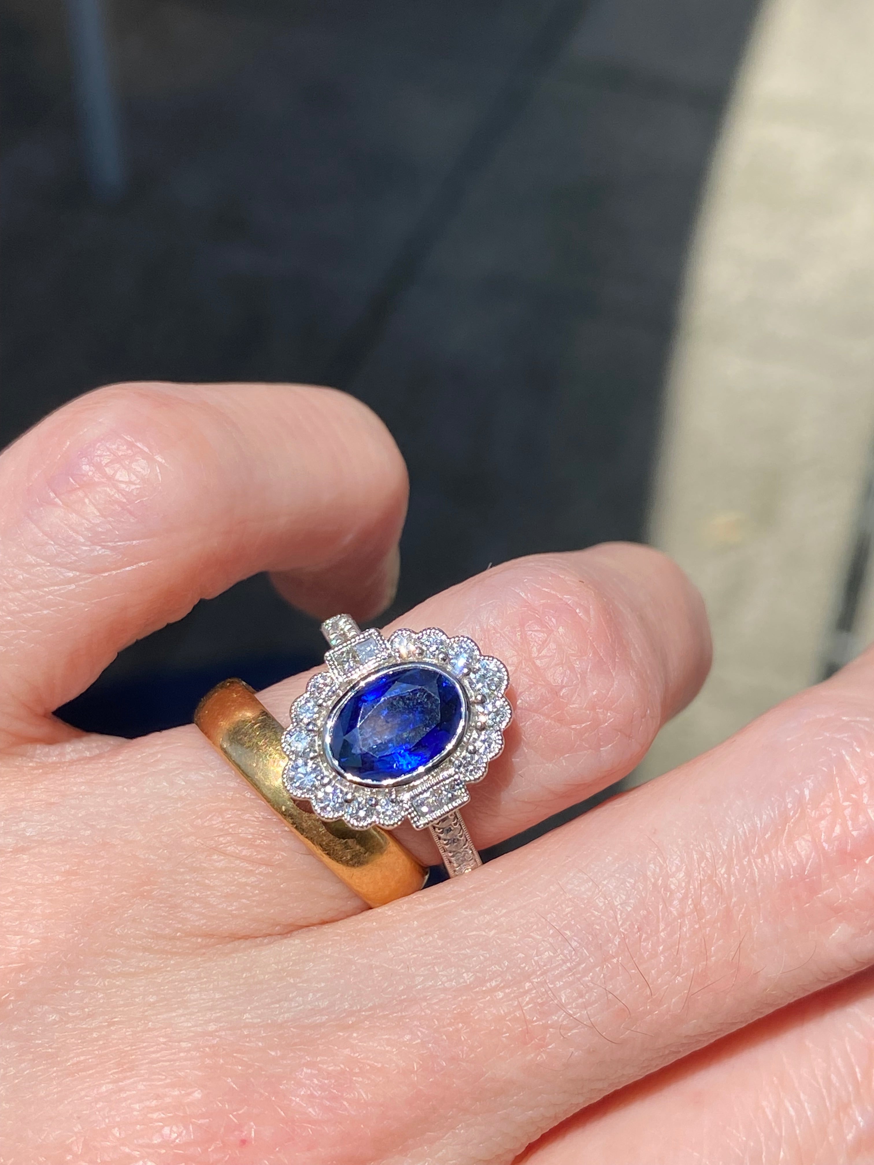 1.95 Carat Blue Ceylon Sapphire and Natural Diamond Halo Ring in Platinum