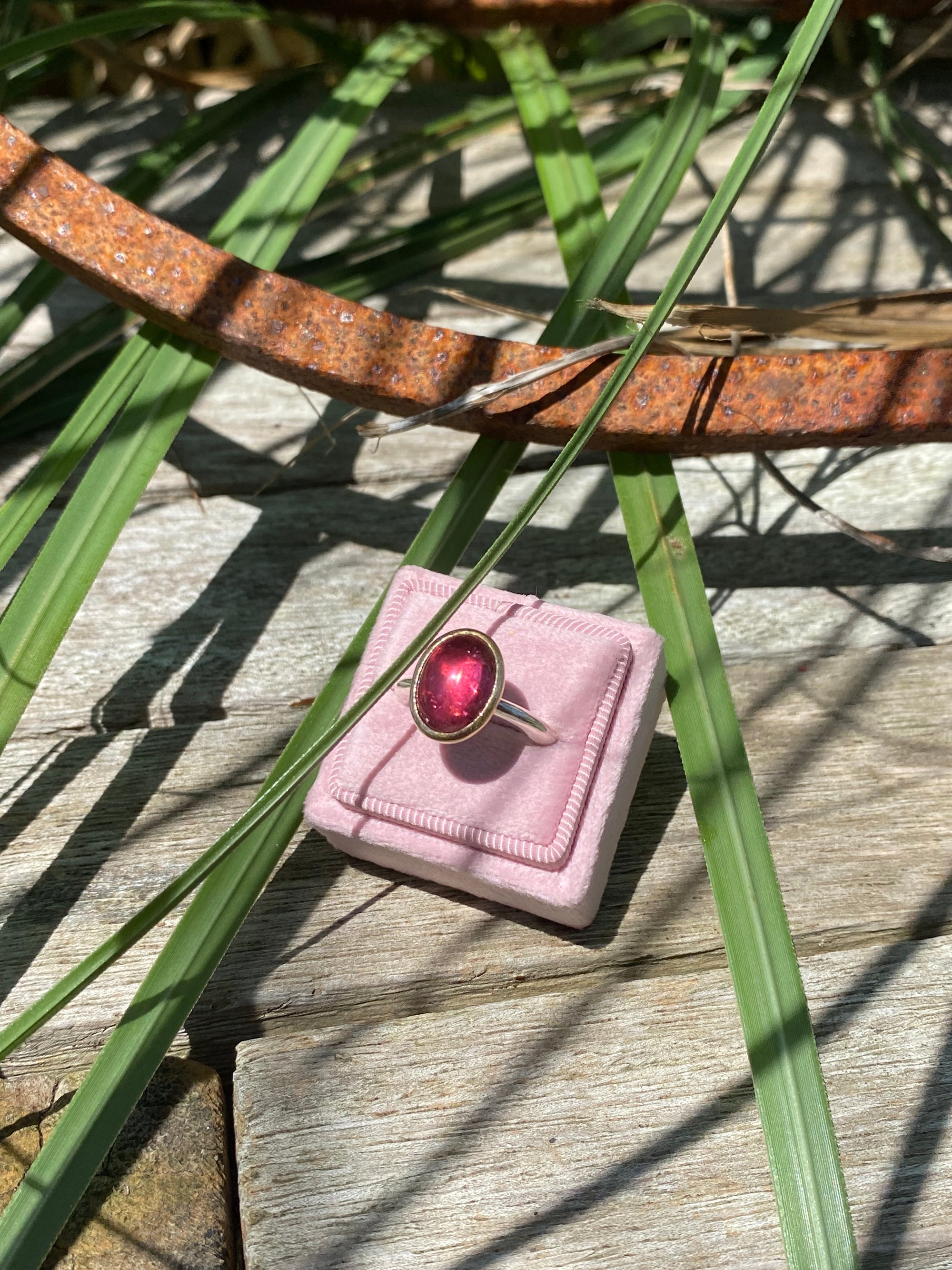 Cabochon Cut Pink Tourmaline Ring in Sterling Silver and 18ct Yellow Gold