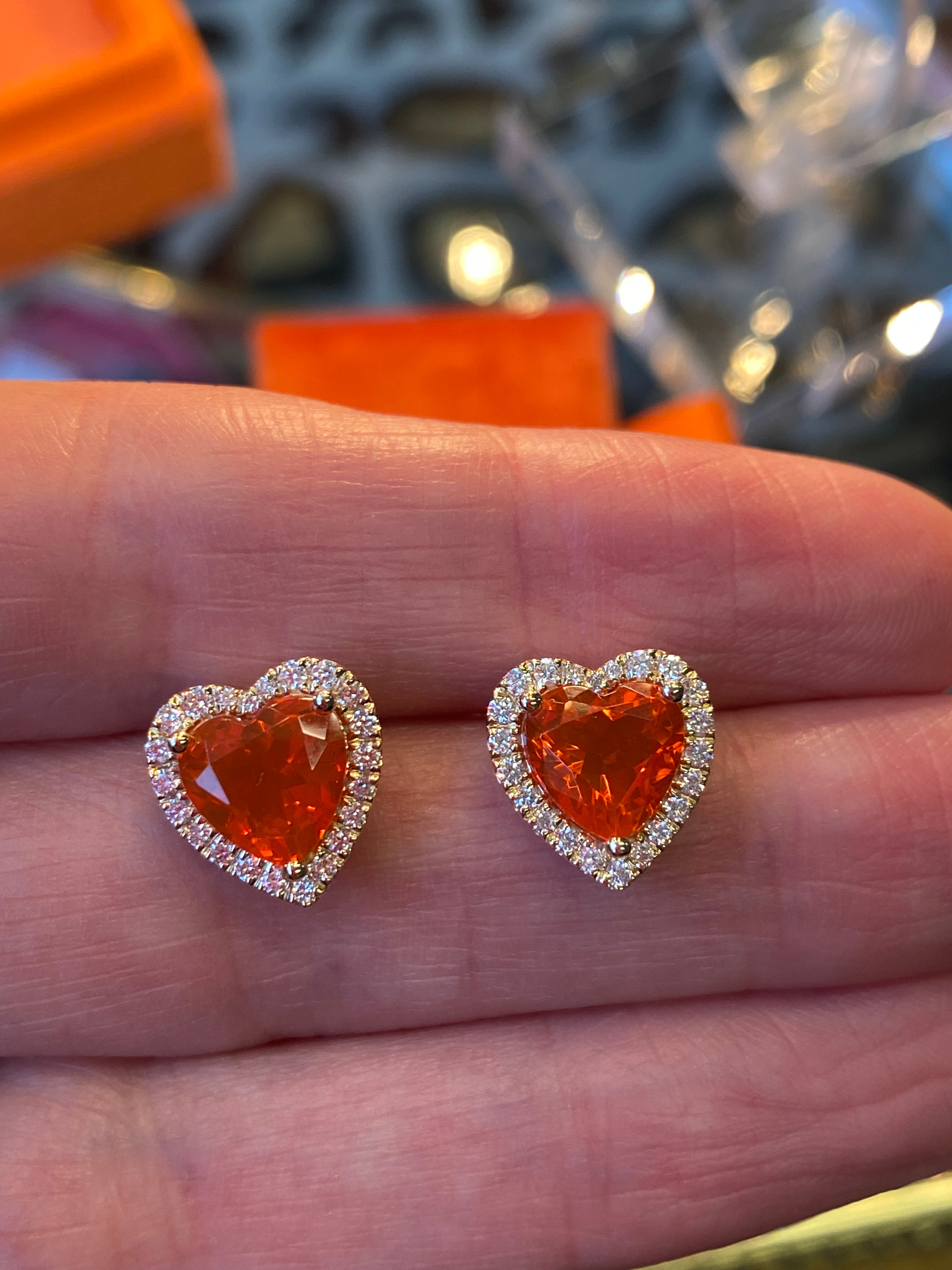 Heart Shaped Fire Opal and Natural Diamond Stud Earrings in 9ct Yellow Gold