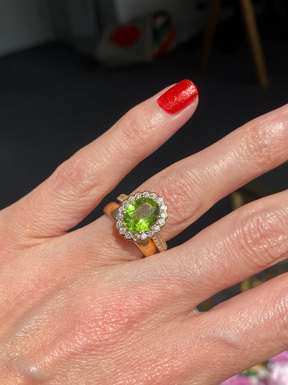 2.96 Carat Peridot and Natural Diamond Halo Ring in 18ct Yellow Gold