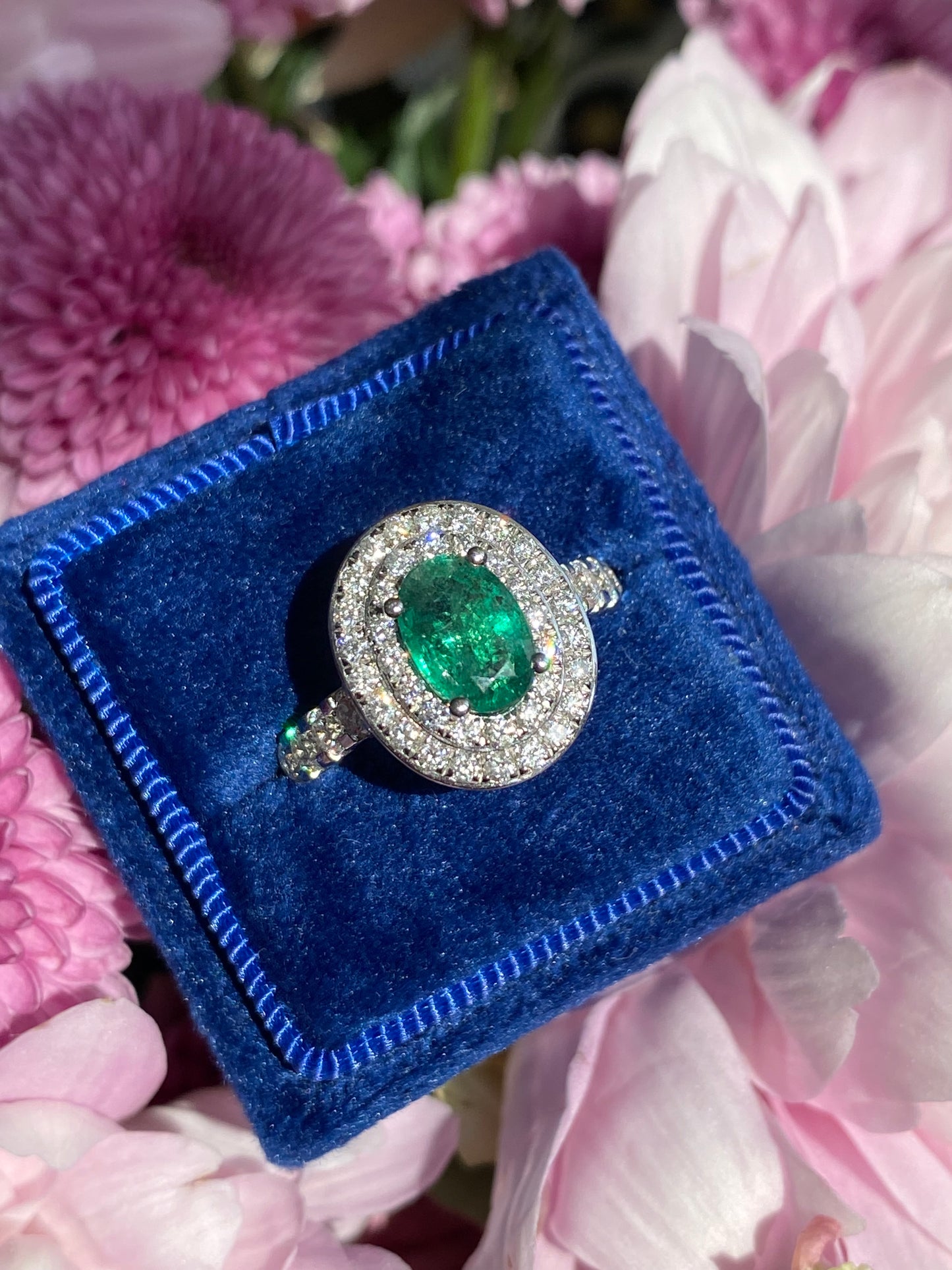 2.22 Ctw Emerald and Natural Diamond Double Halo Ring in Platinum