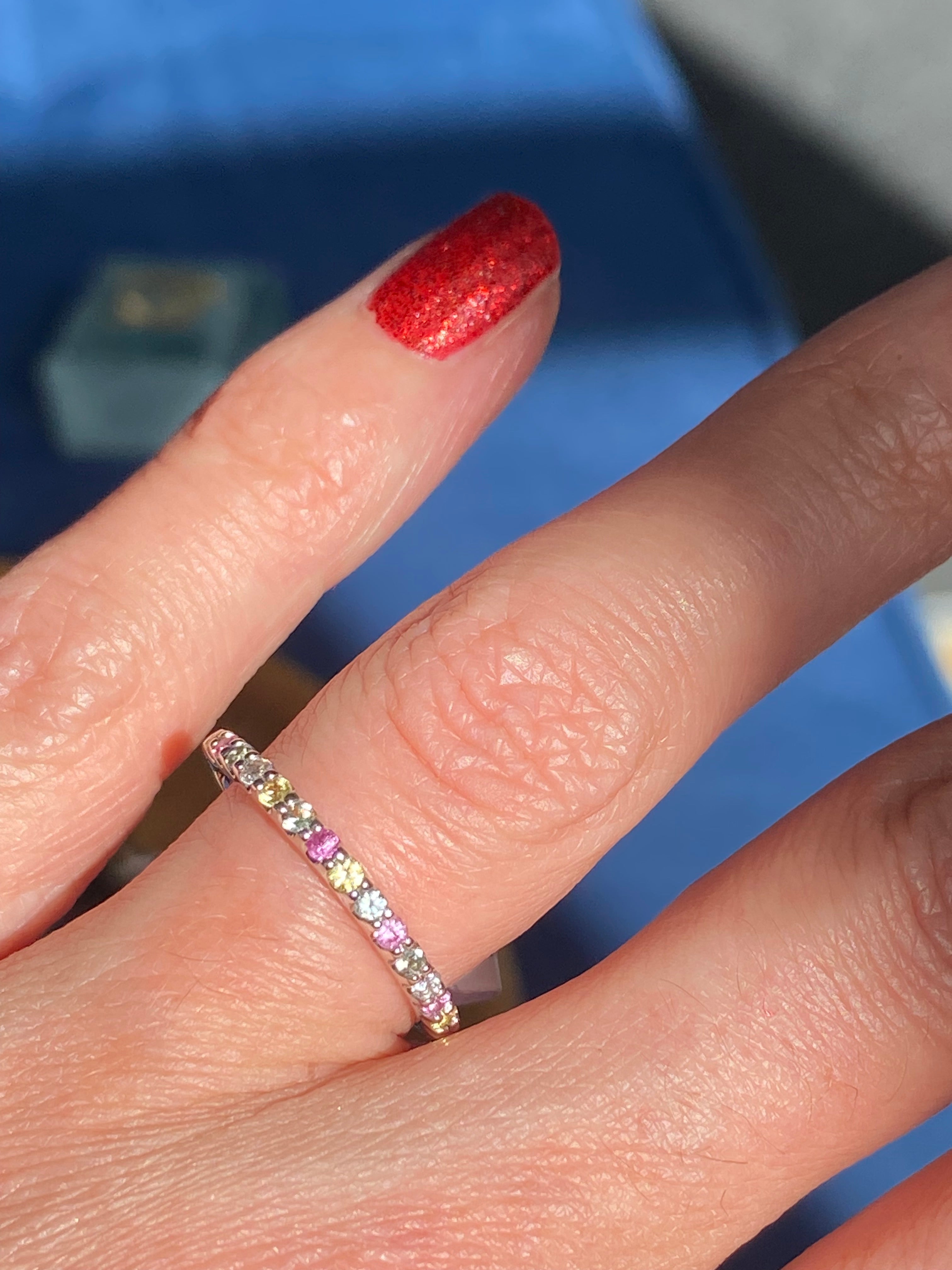 0.37 CTW Sweetshop Yellow, Pink, and Green Sapphire, and Natural Diamond Eternity Ring in 18ct White Gold