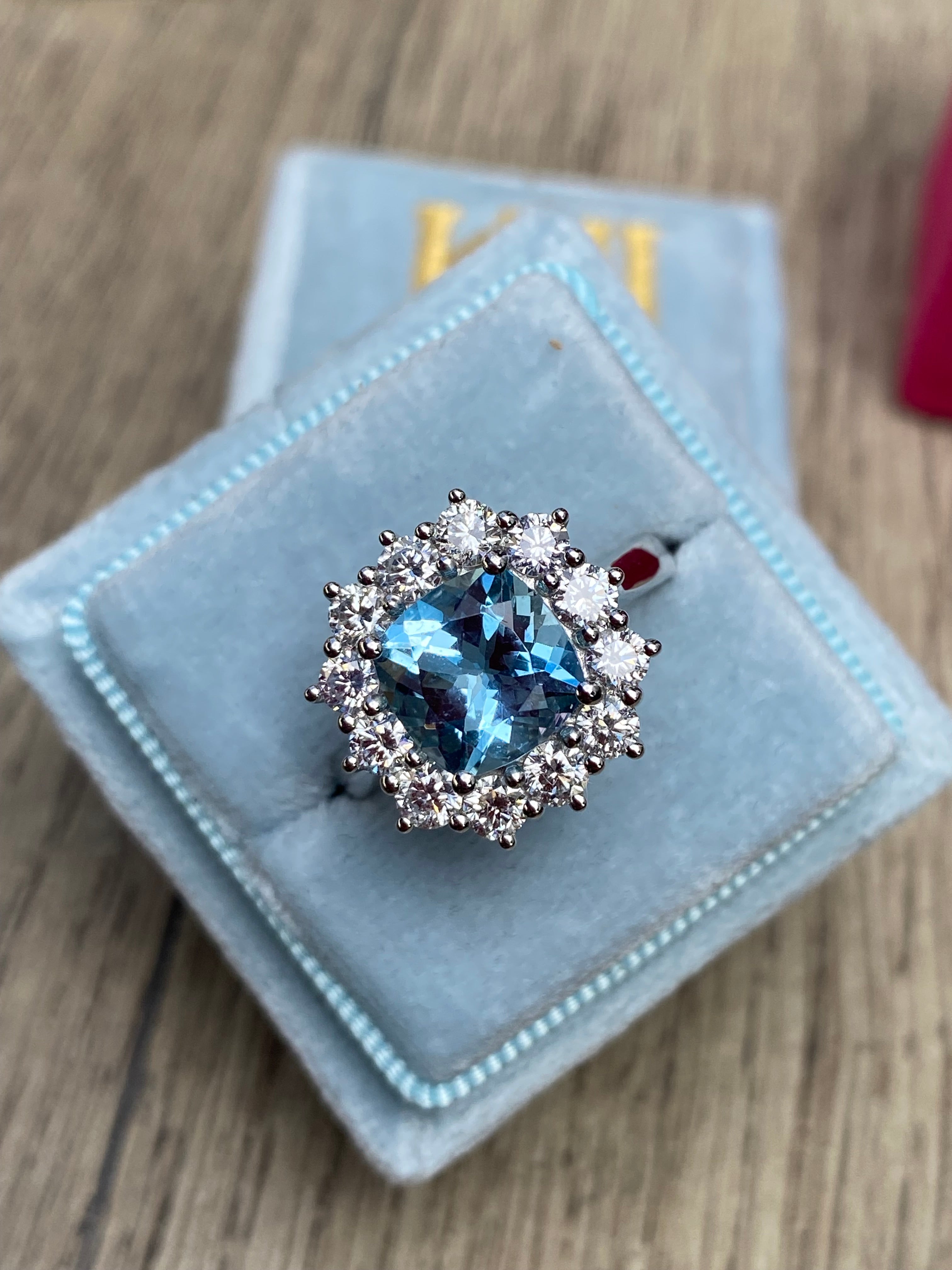 2.33 CTW Cushion Cut Aquamarine and Diamond Engagement Ring in Platinum