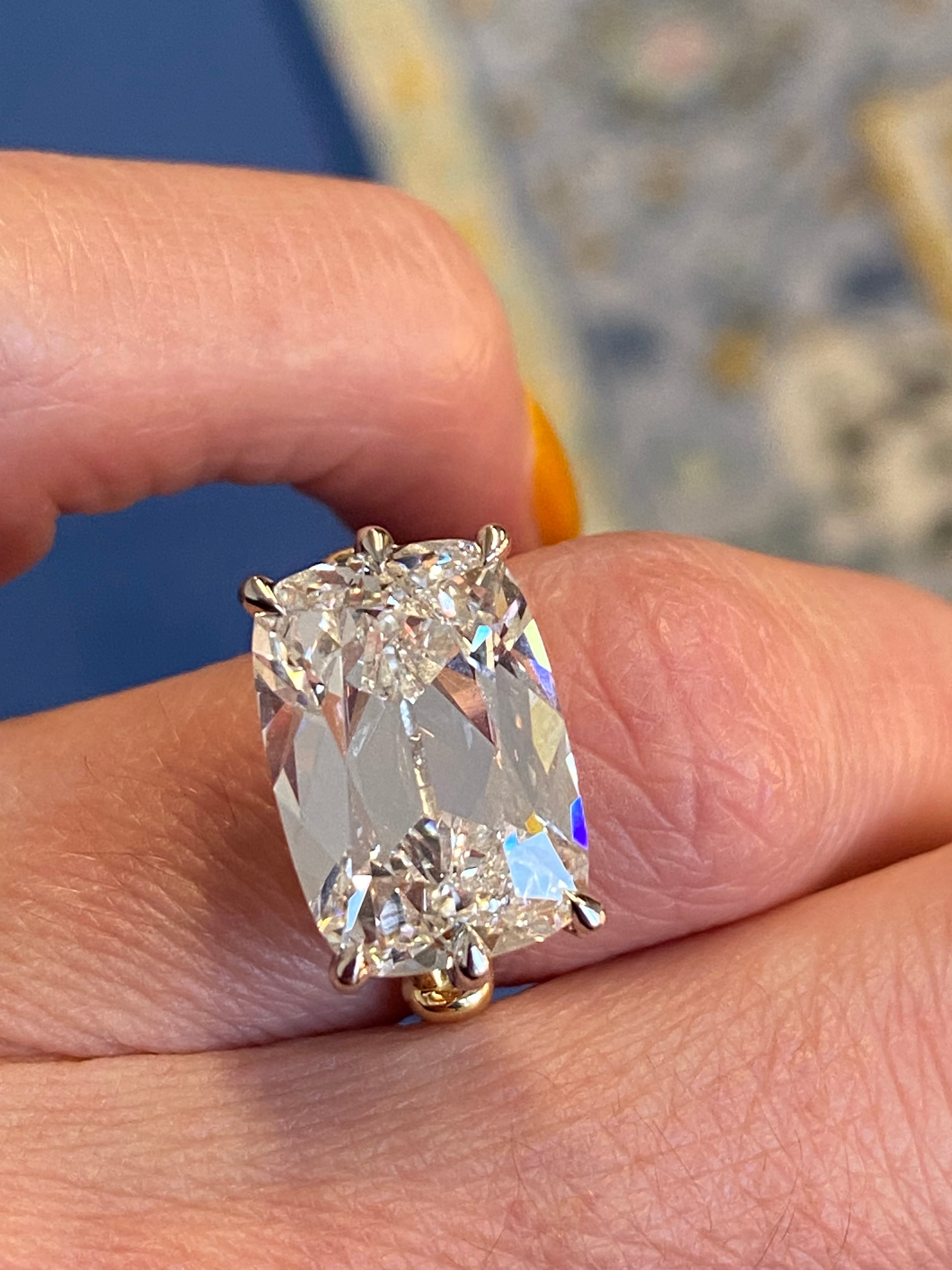 8.09 Carat Old Mine Cut Lab Diamond East West Solitaire Engagement Ring in 18ct Yellow Gold and Platinum
