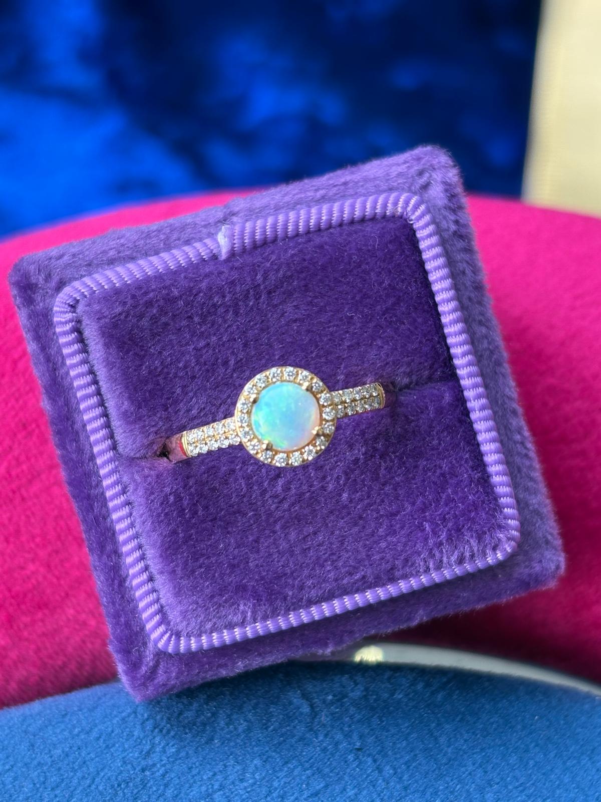 Beautiful Opal and Natural Diamond Halo Ring in 18ct Yellow Gold