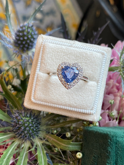 2.06 Carat Heart Shape Ceylon Sapphire and Natural Diamond Halo Ring in Platinum