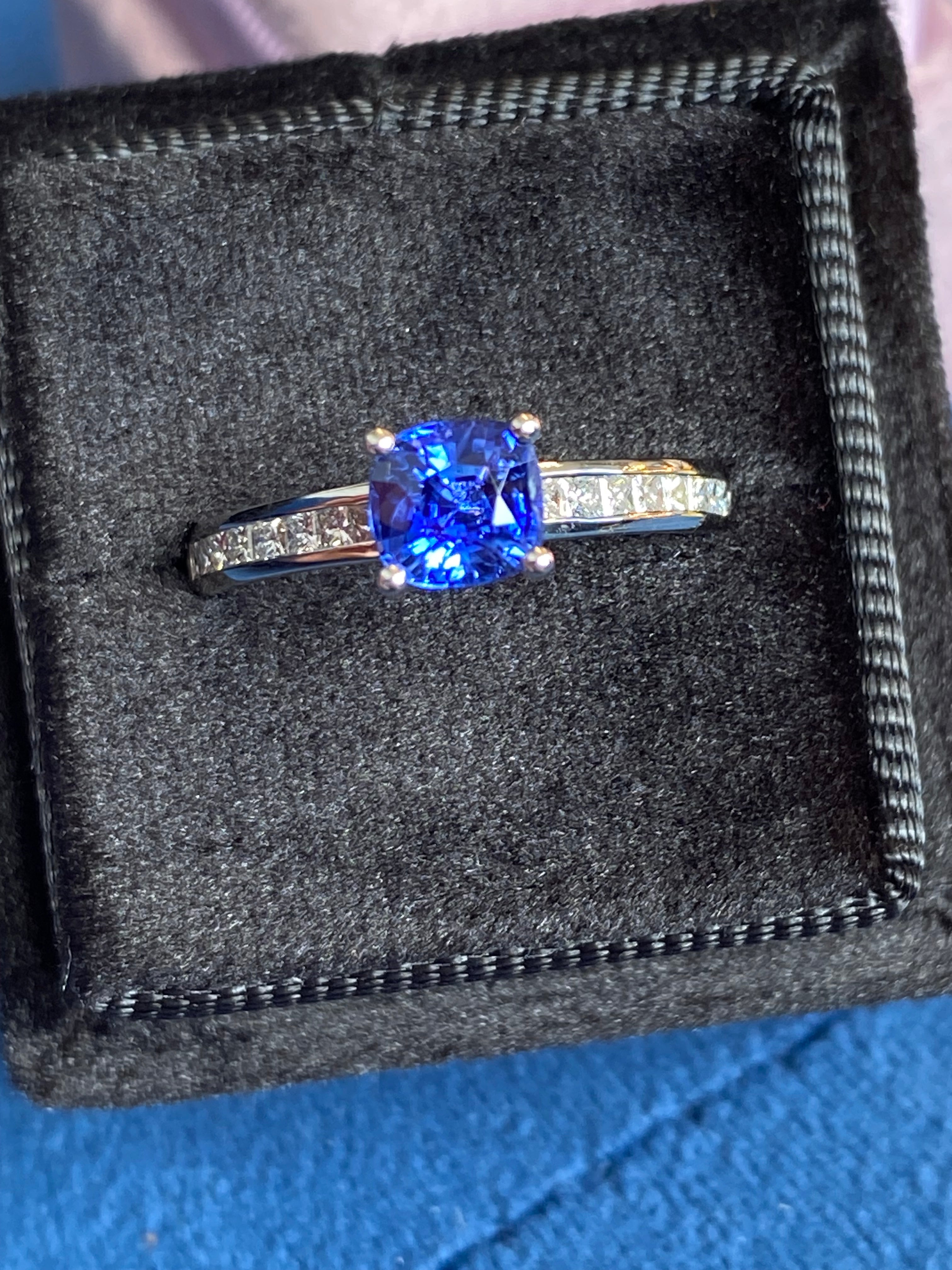 1.02 Carat Cushion Cut Blue Ceylon Sapphire Solitaire Style Engagement Ring in Platinum