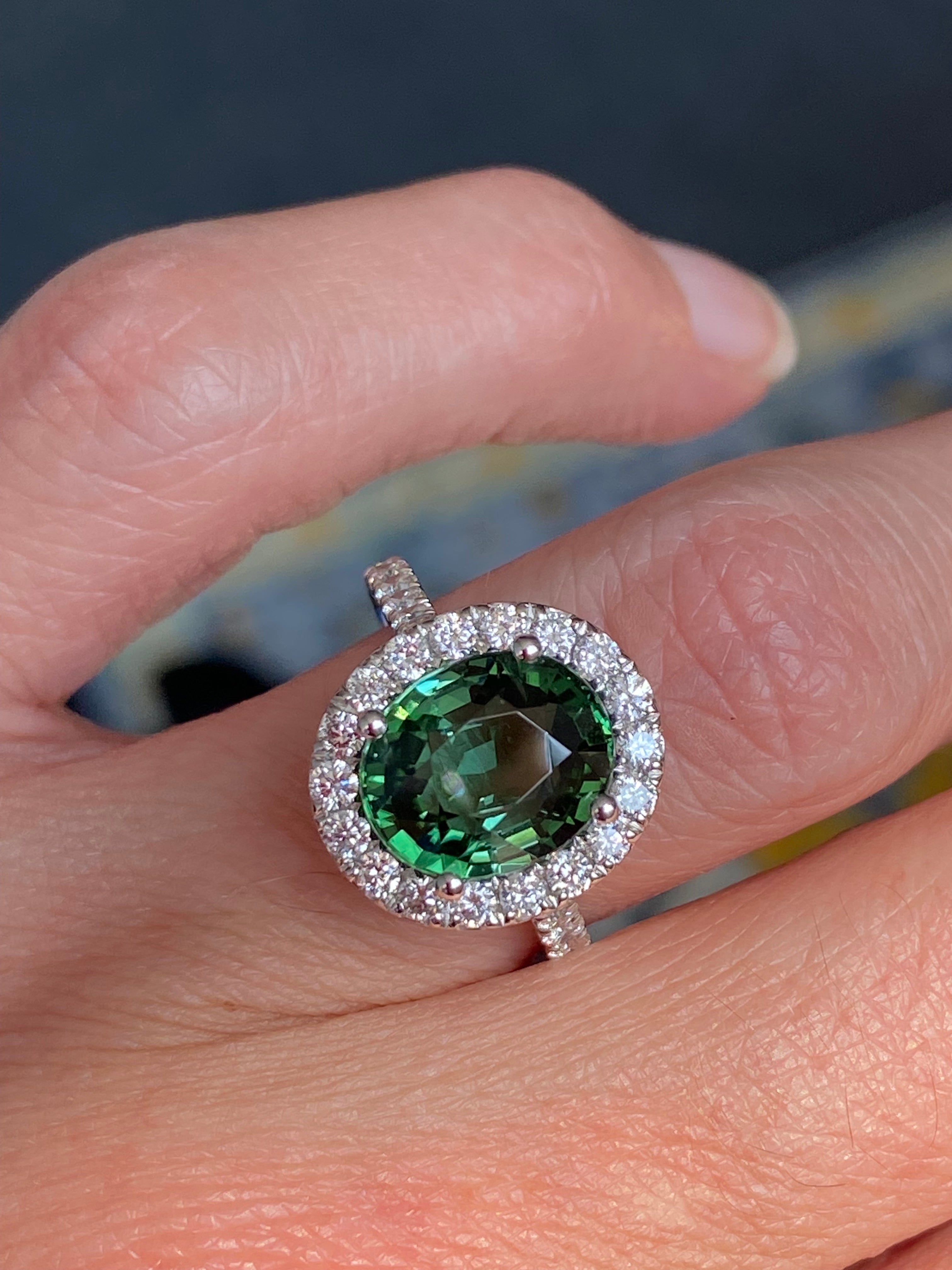 5.45 CTW Green Tourmaline and Natural Diamond Halo Ring in Platinum