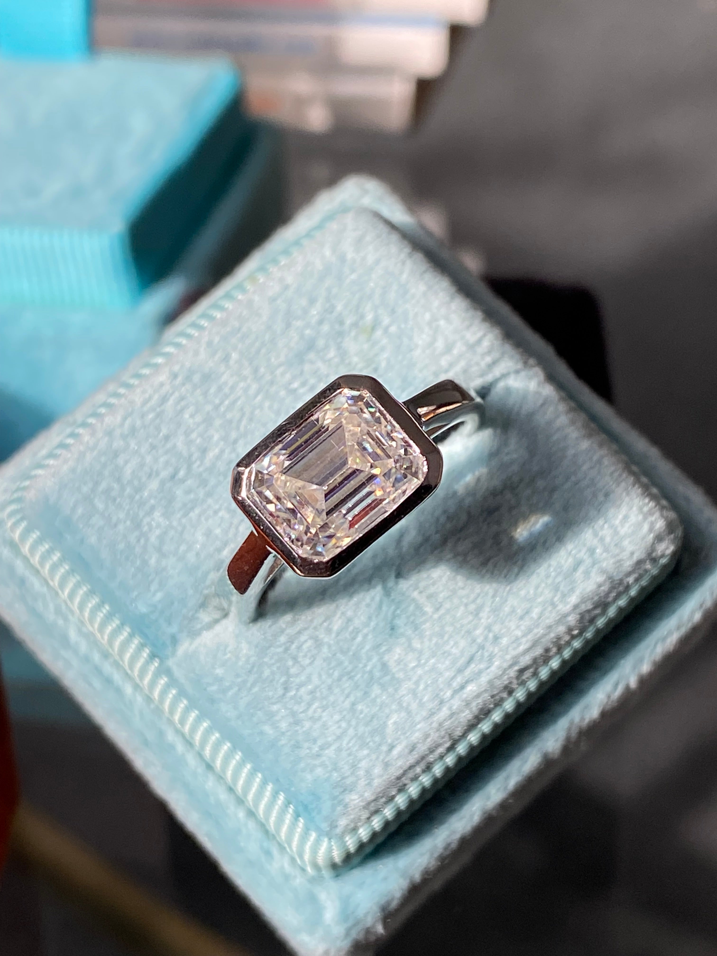 3.00 Carat Emerald Cut Moissanite East West Solitaire Ring in Sterling Silver