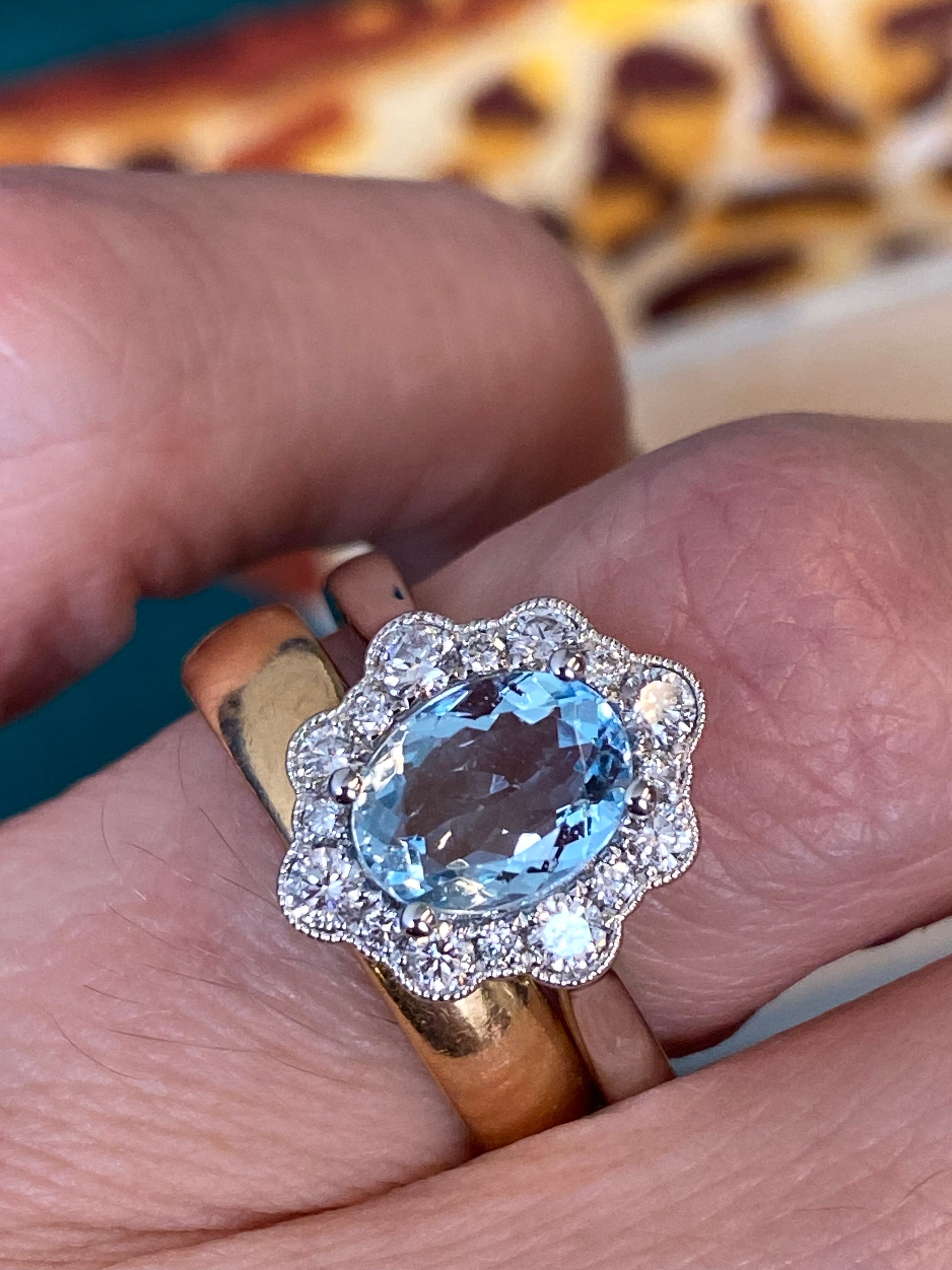 1.55 CTW Oval Cut Aquamarine and Natural Diamond Halo Engagement Ring in Platinum