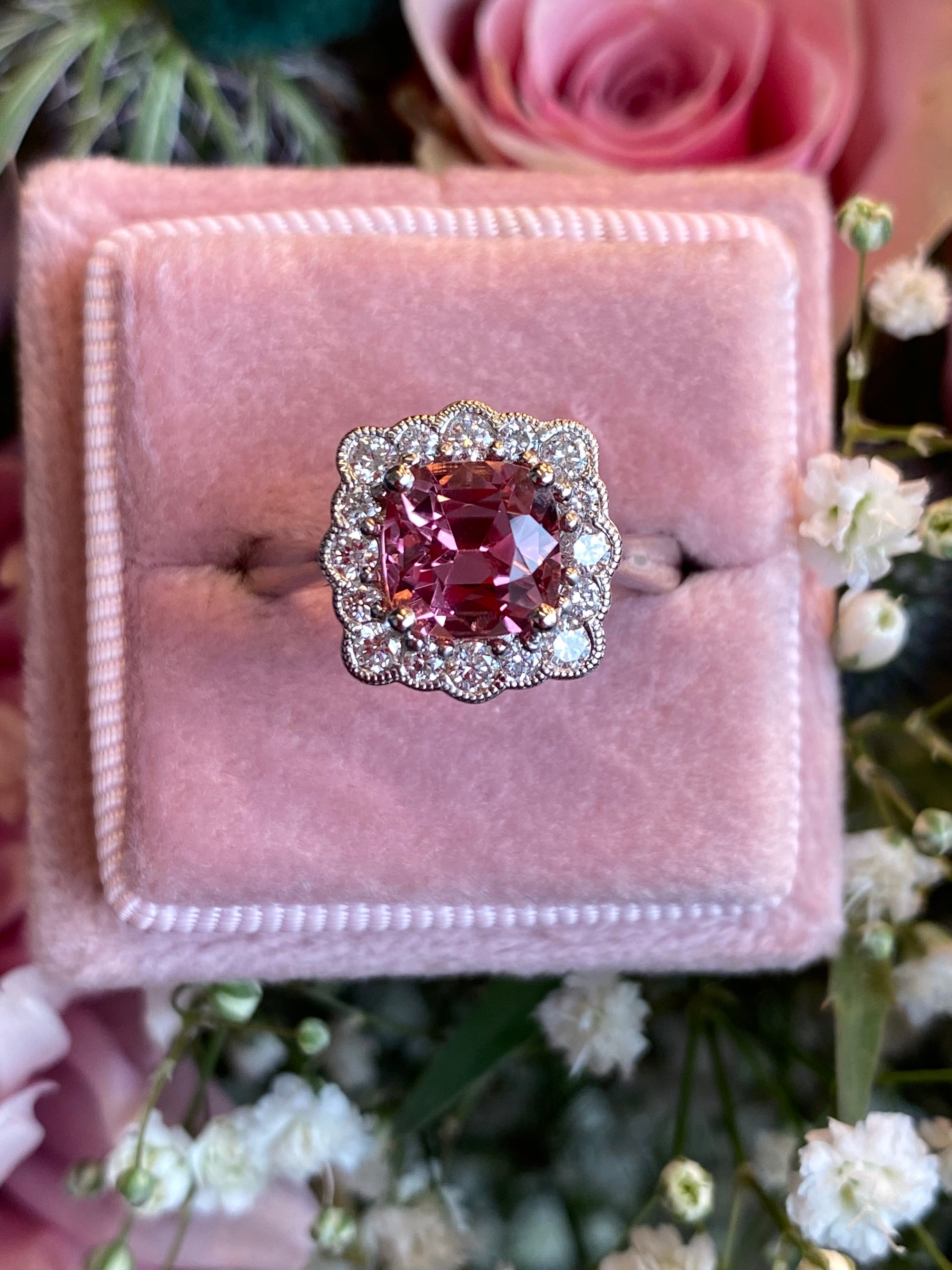 1.58 Carat Cushion Cut Pink Tourmaline and Natural Diamond Ring in Platinum