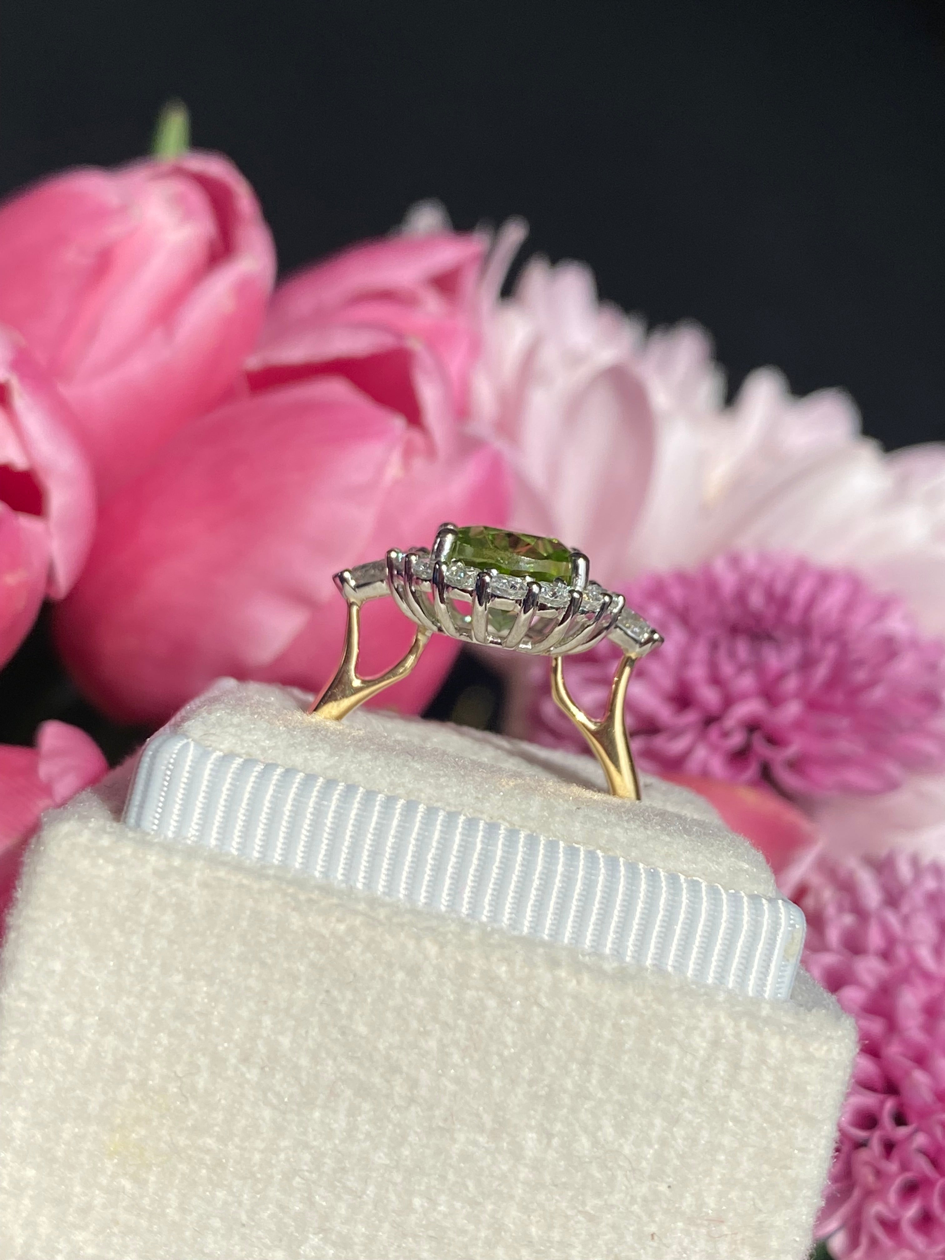 3.15 Carat Peridot and Natural Diamond Halo Ring in Platinum and 18ct Yellow Gold