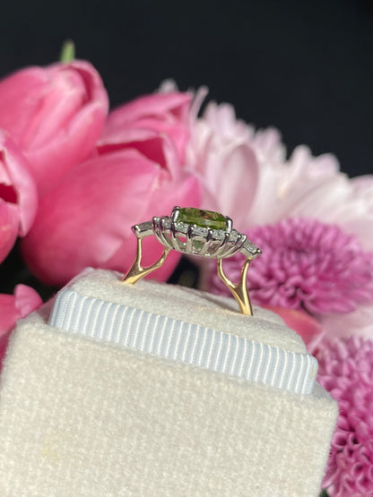 2.96 Carat Peridot and Natural Diamond Halo Ring in 18ct Yellow Gold