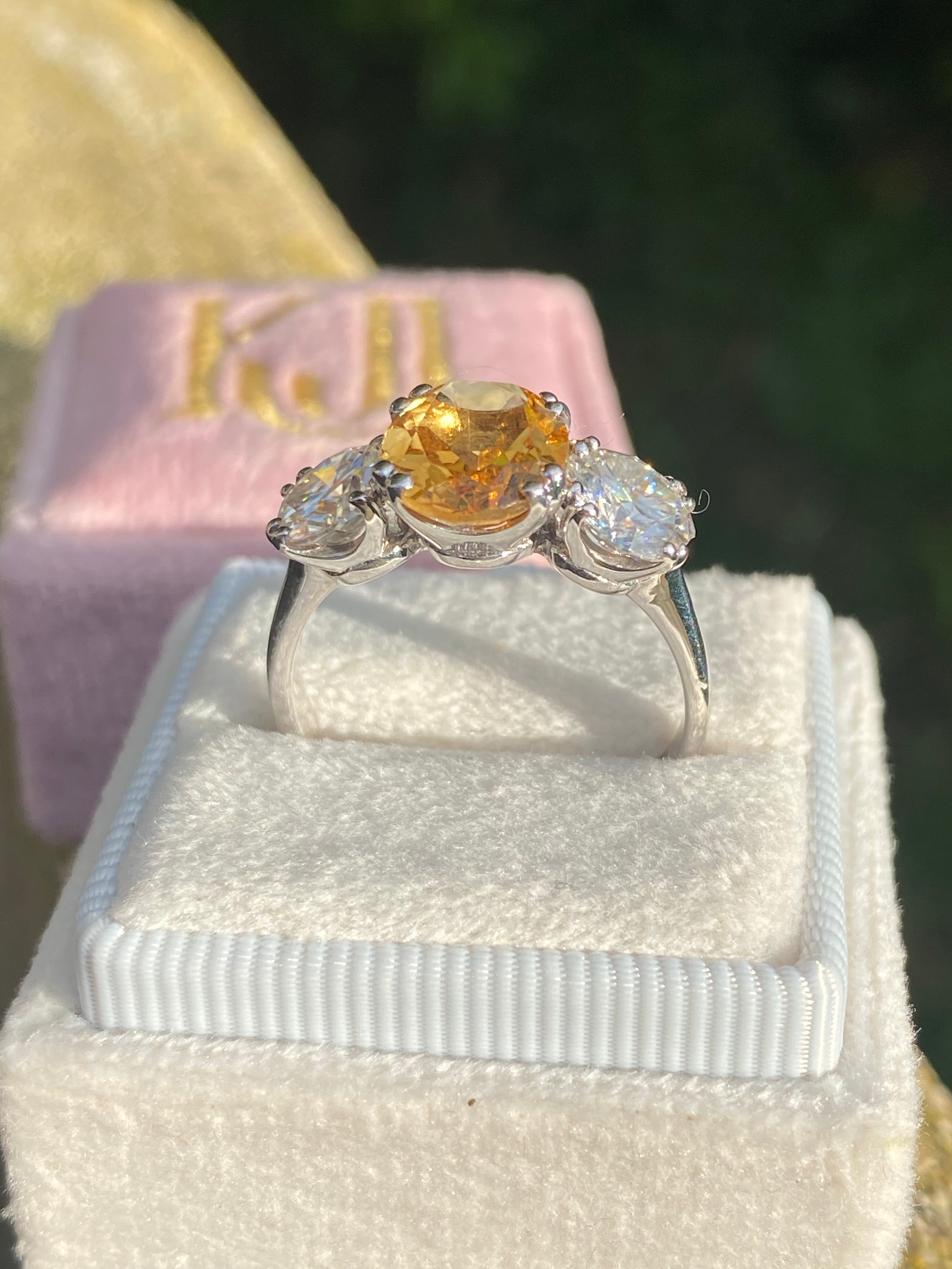 2.57 Carat Citrine and 1.84 Carat Moissanite Three Stone Ring in Sterling Silver