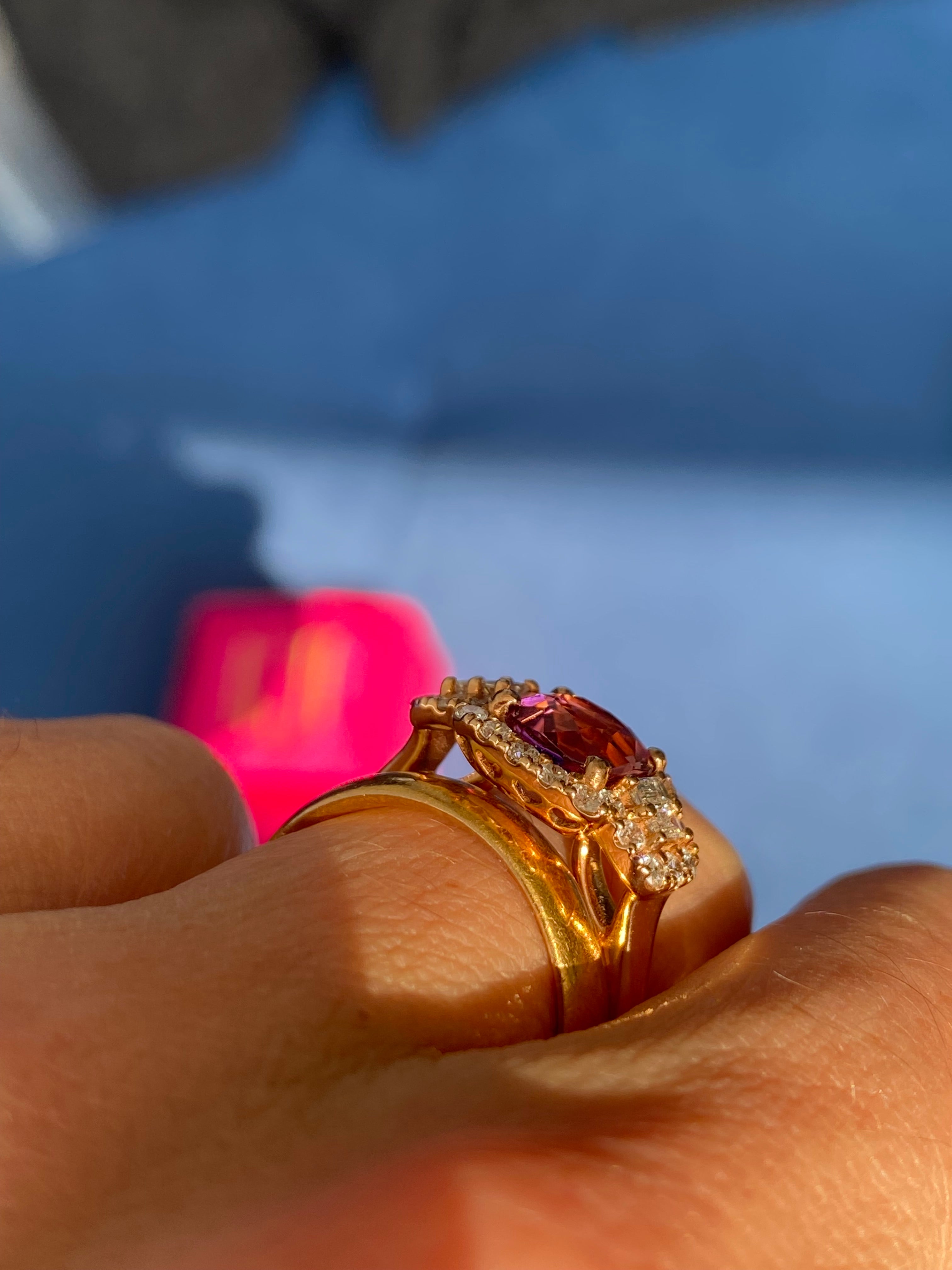 2.02 CTW Pink Tourmaline and Natural Diamond Three Stone Halo Ring in 18ct Rose Gold