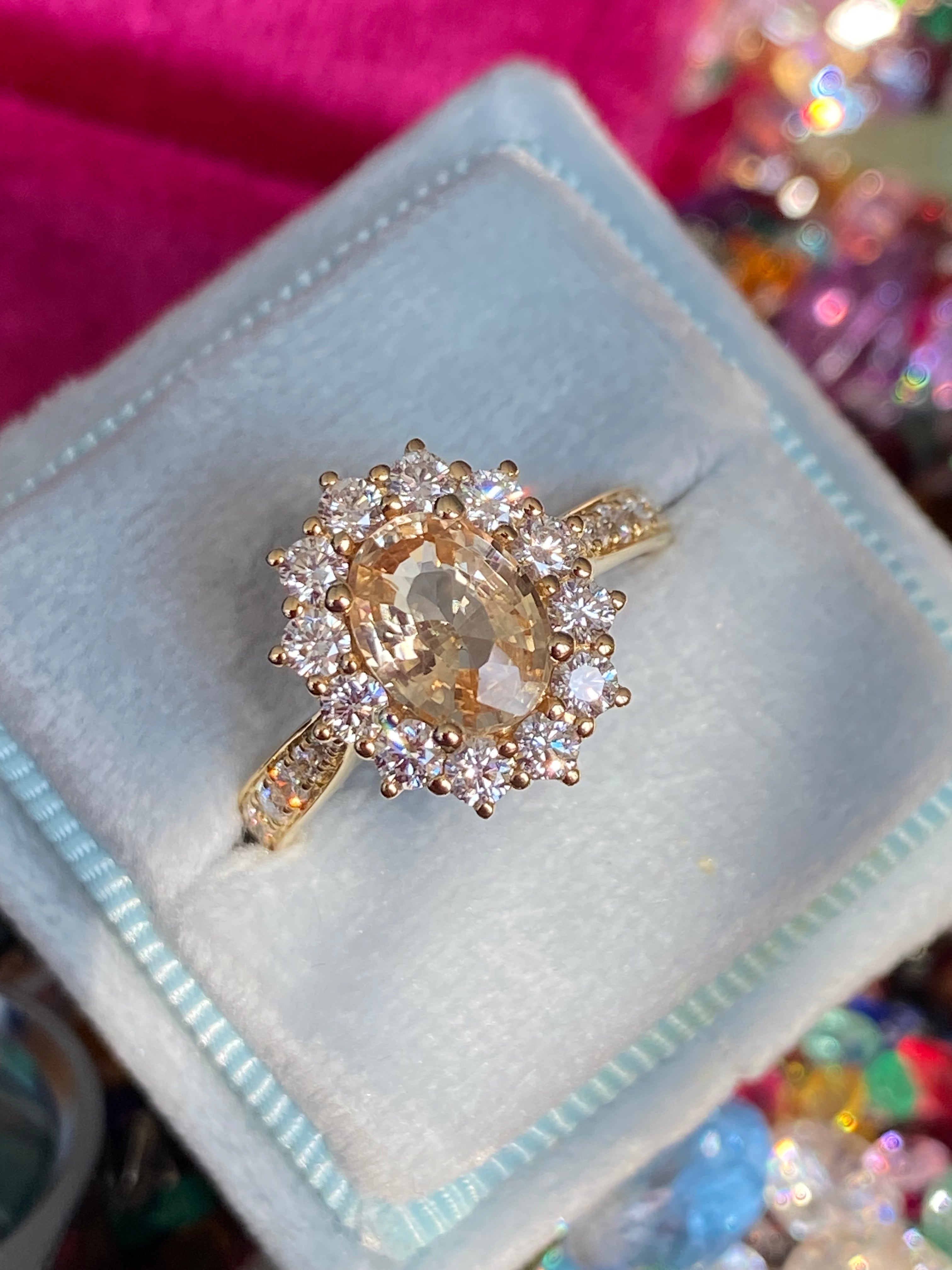 2.24 CTW Peach Sapphire and Natural Diamond Halo Ring in 18ct Yellow Gold
