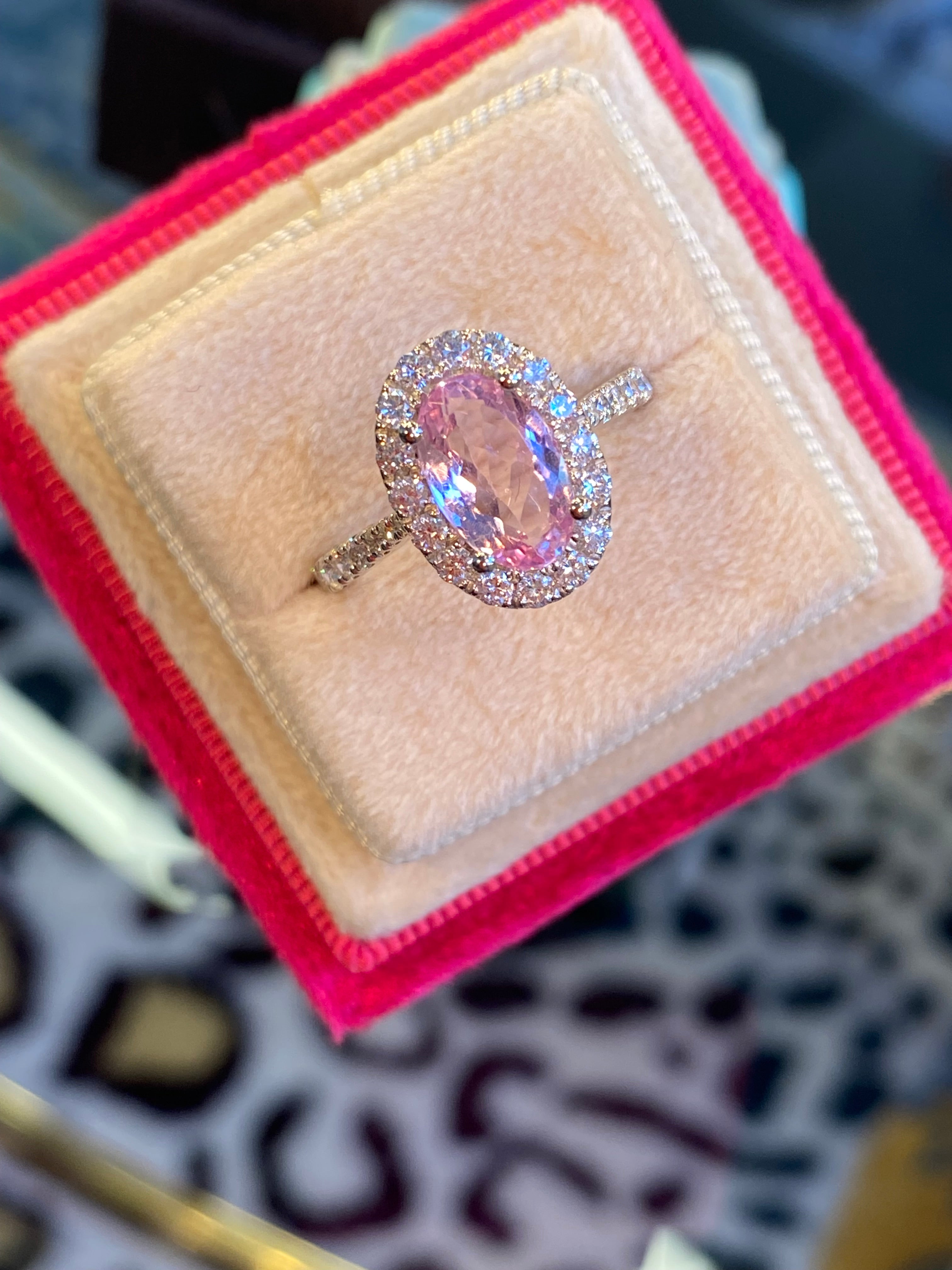 1.94 CTW Oval Cut Pink Topaz and Natural Diamond Halo Ring in Platinum