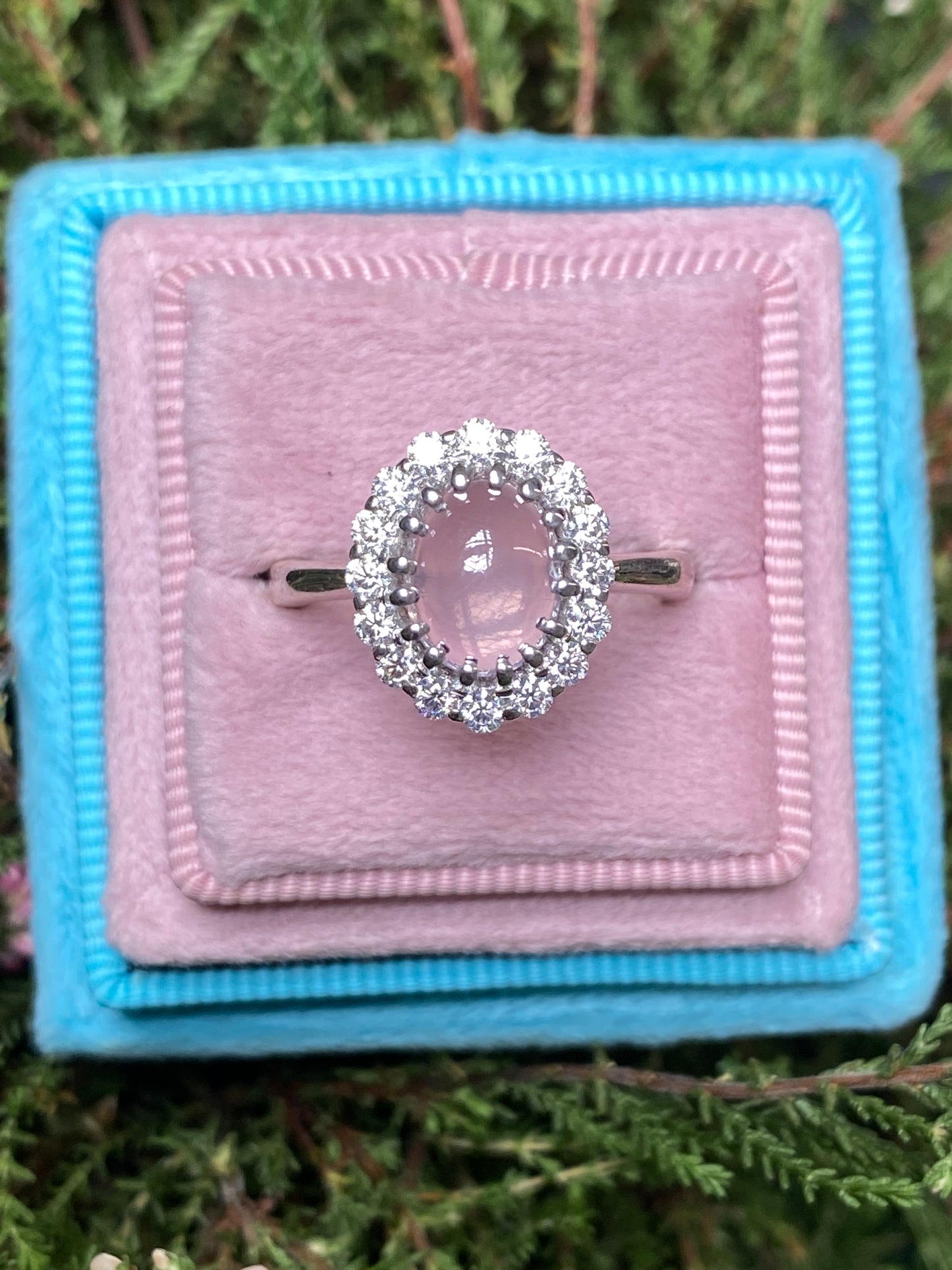 4.50 CTW Oval Cabochon Cut Rose Quartz and Moissanite Halo Cocktail Ring