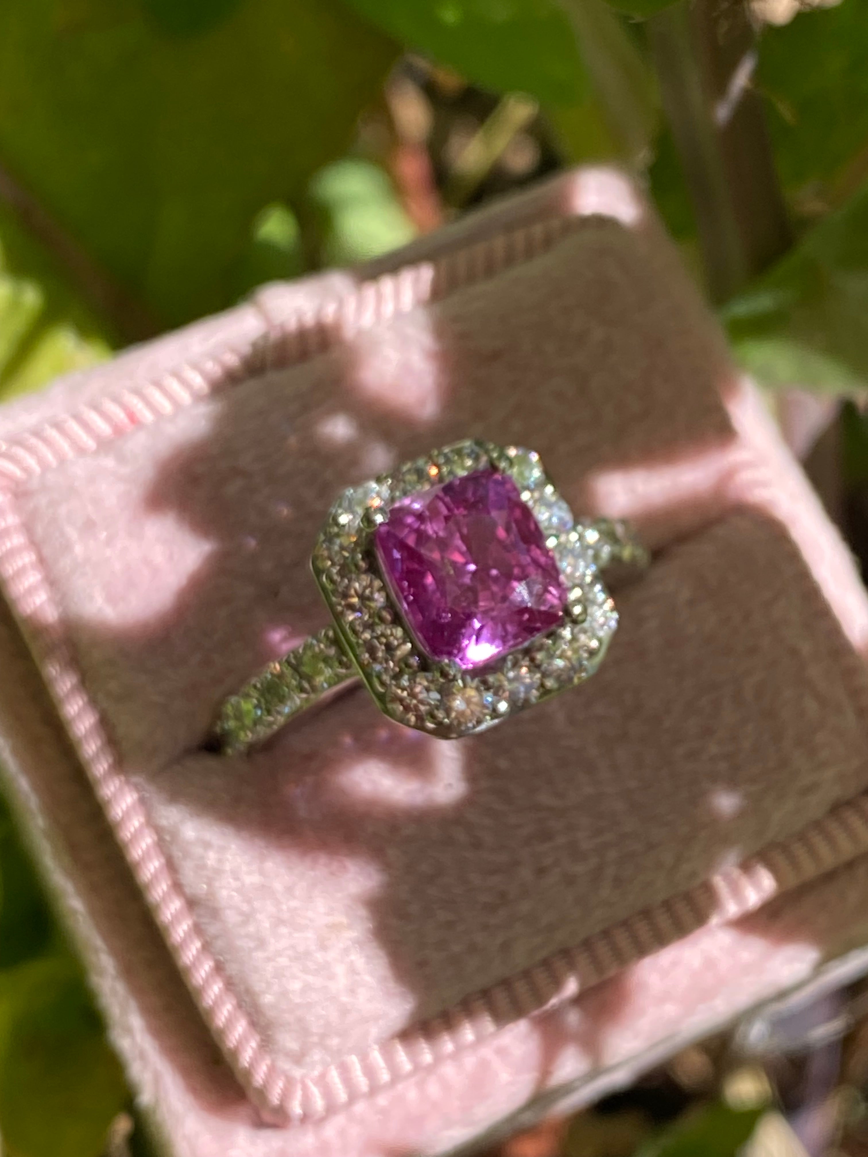 3.08 CTW Cushion Cut Pink Sapphire and Natural Diamond Art Deco Style Ring in Platinum