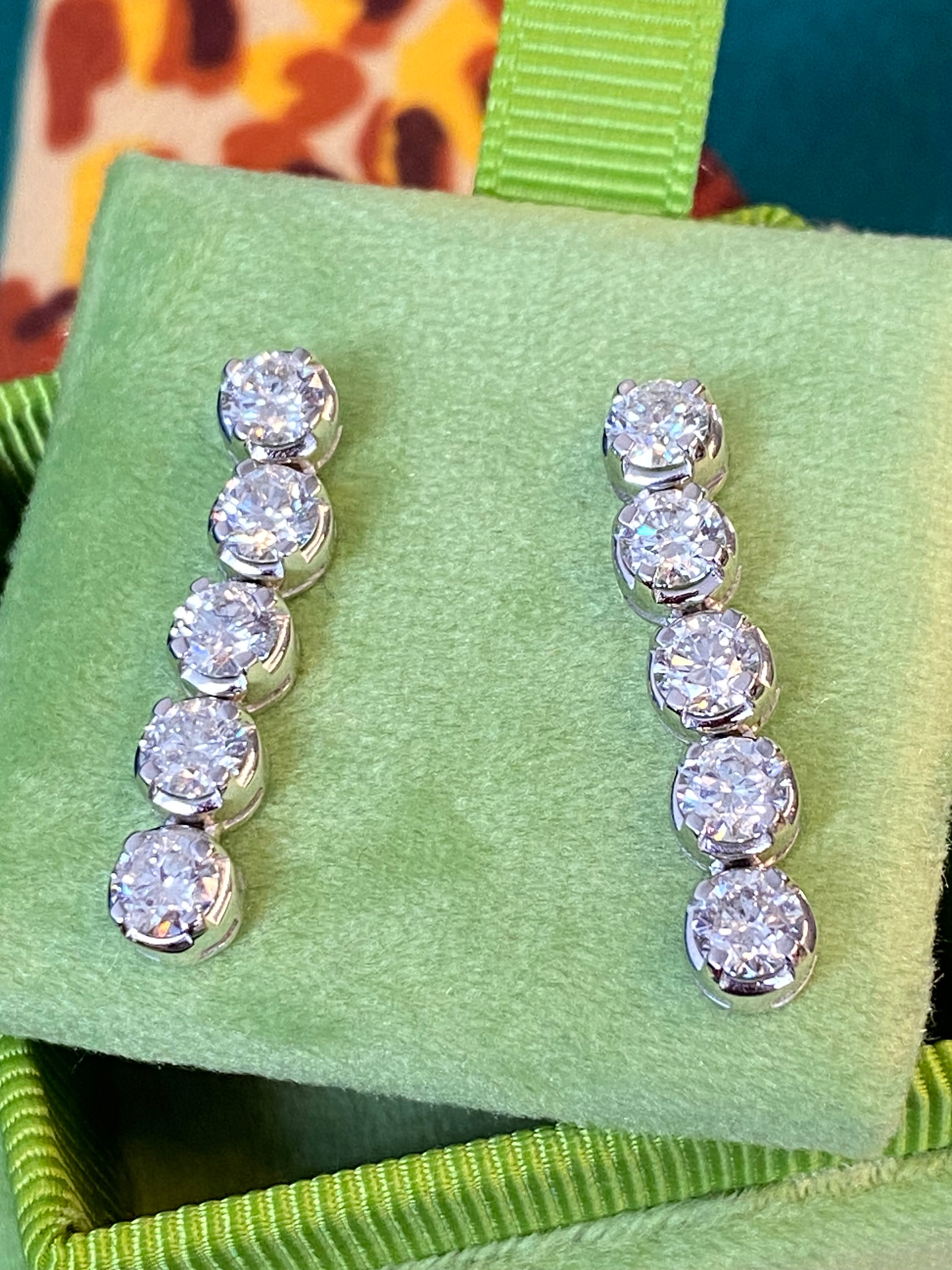 Spectacular 3.00 Carat Natural Diamond Five Stone Drop Earrings in 18ct White Gold