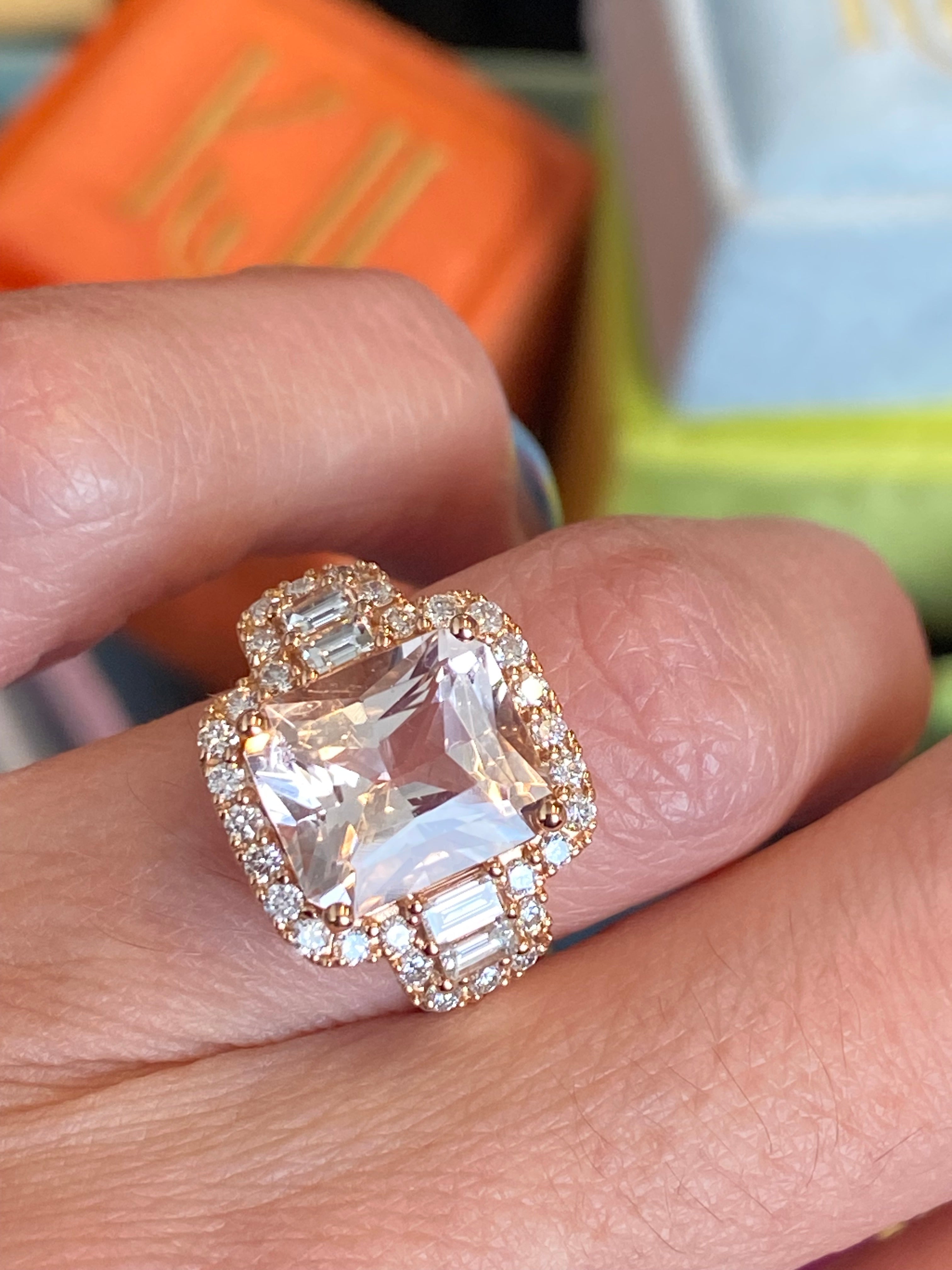 4.66 CTW Radiant Cut Morganite and Natural Diamond Ring in 18ct Rose Gold