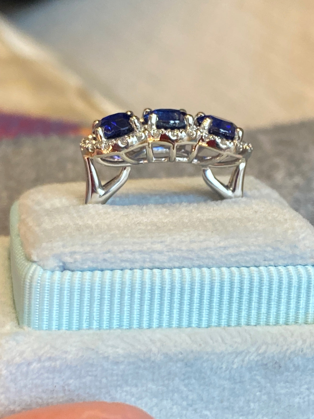 2.74 CTW Round Cut Blue Sapphire and Diamond Trilogy Ring in Platinum