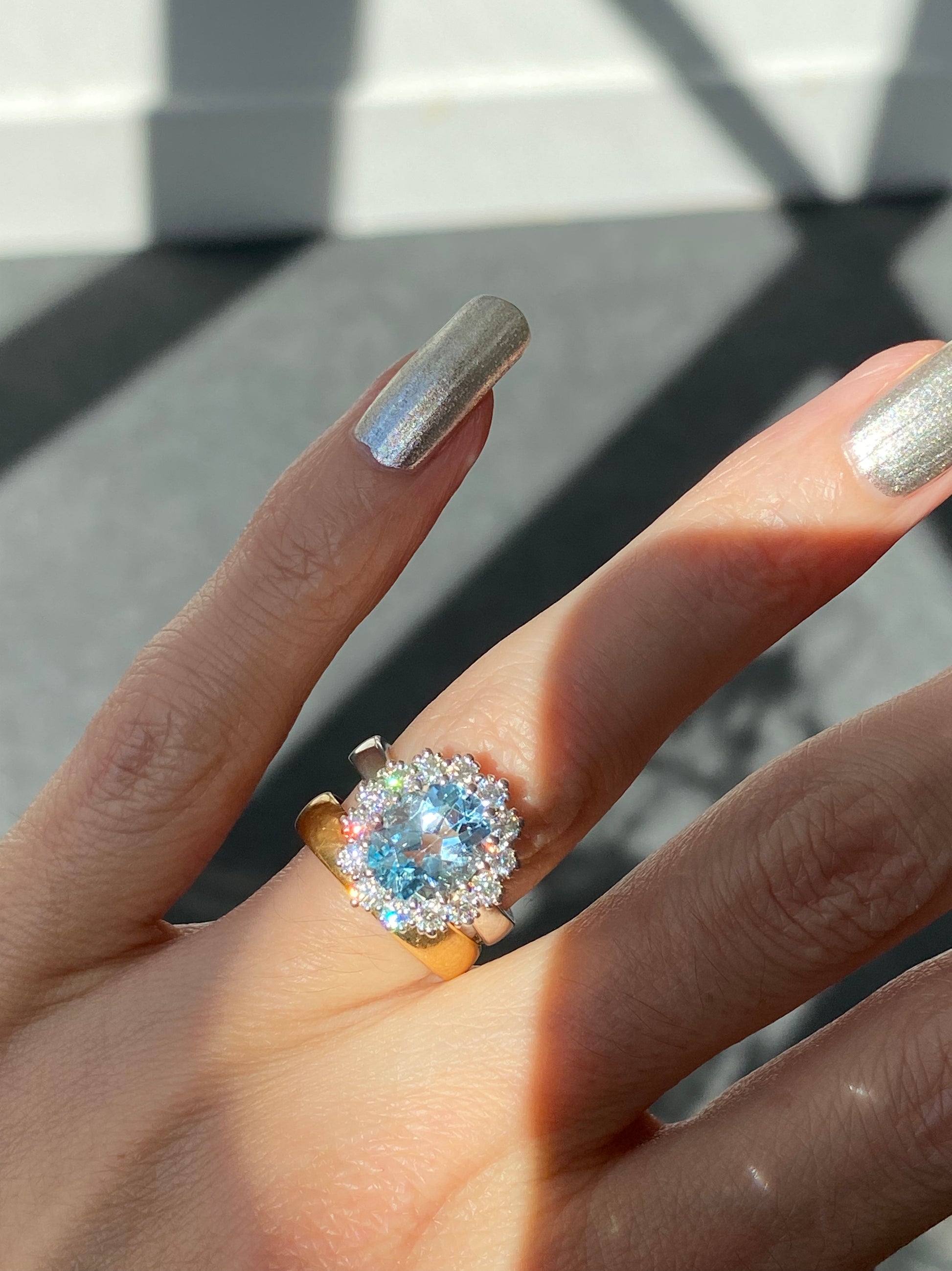 4.50 CTW Oval Cut Blue Topaz and Moissanite Halo Cluster Ring in Sterling Silver / 9ct Gold / 18ct Gold