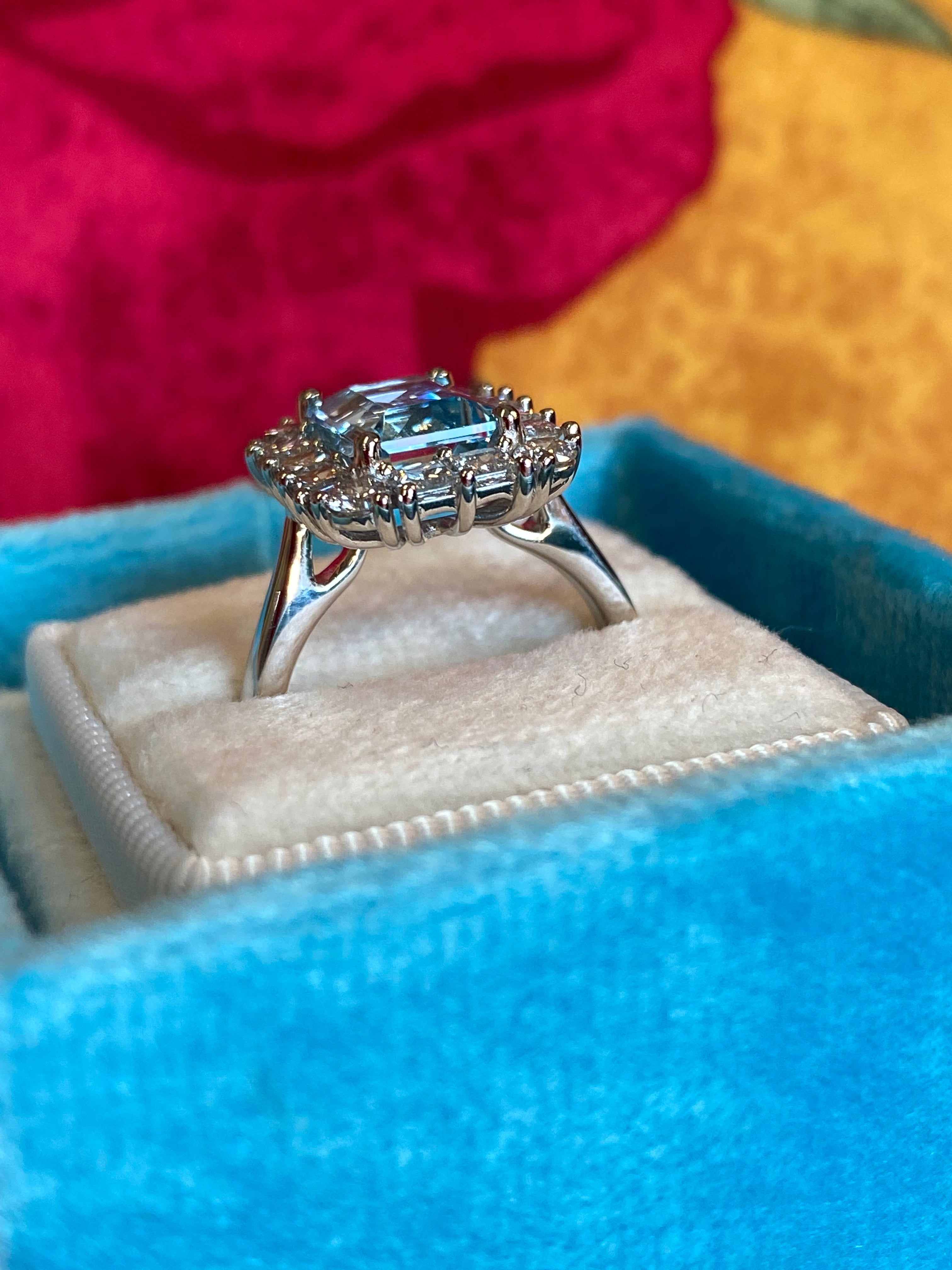 3.12 CTW Emerald Cut Aquamarine and Natural Diamond Halo Engagement Ring in Platinum