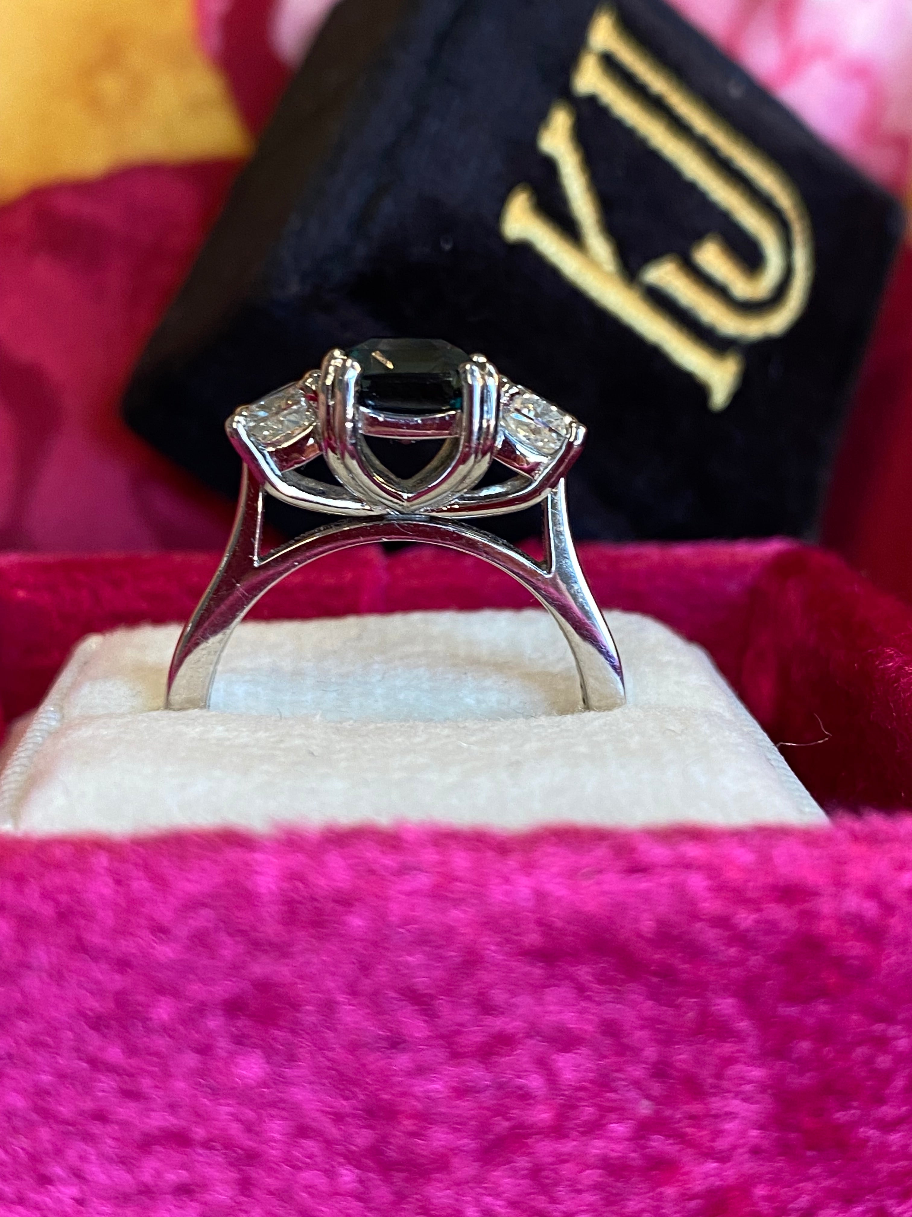 2.42 Carat Teal Sapphire and 0.97 CTW Natural Diamond Three Stone Ring in Platinum