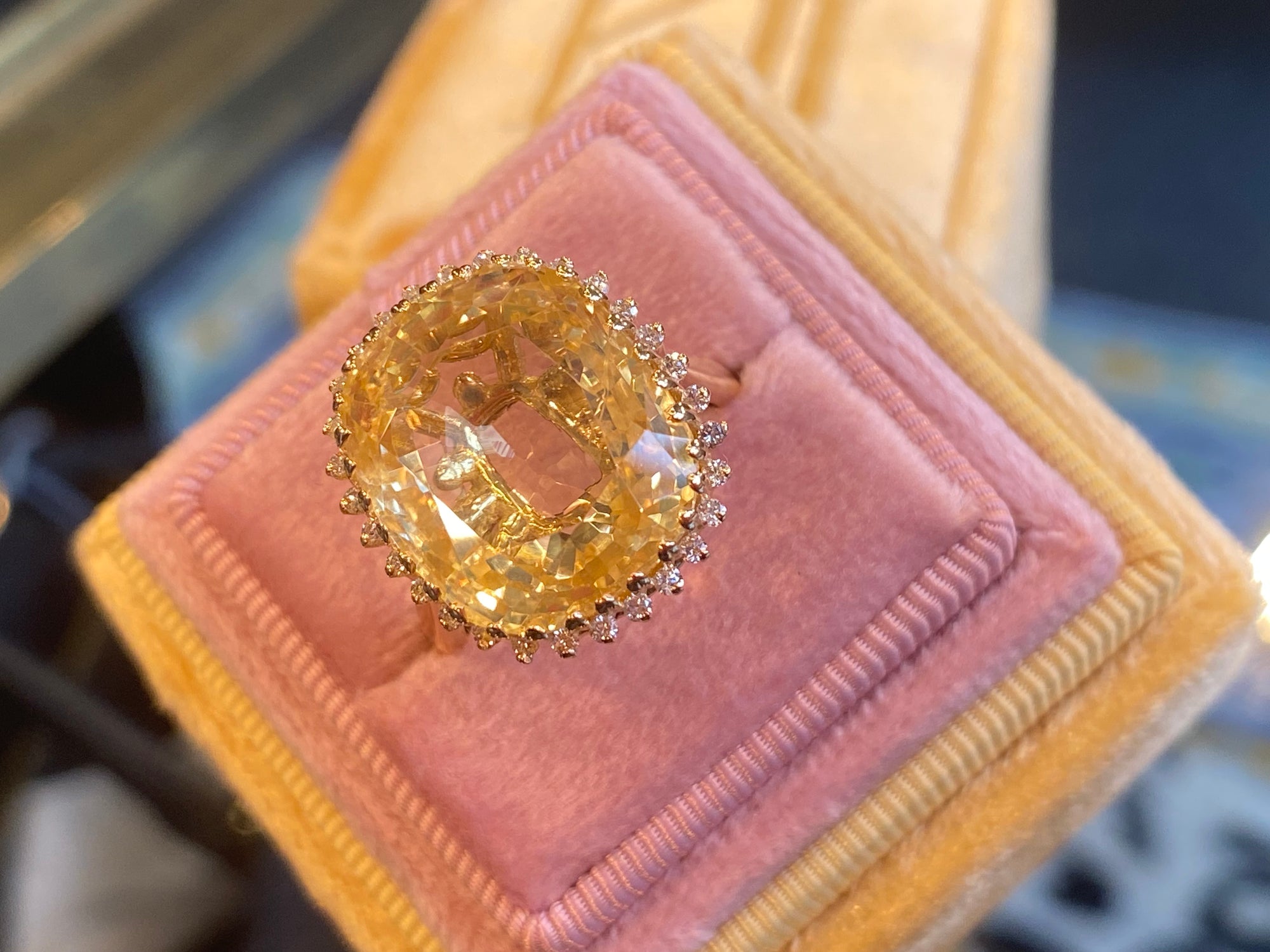 Masterpiece 19.23 Carat Certified Antique Unheated Yellow Sapphire and Diamond Ring