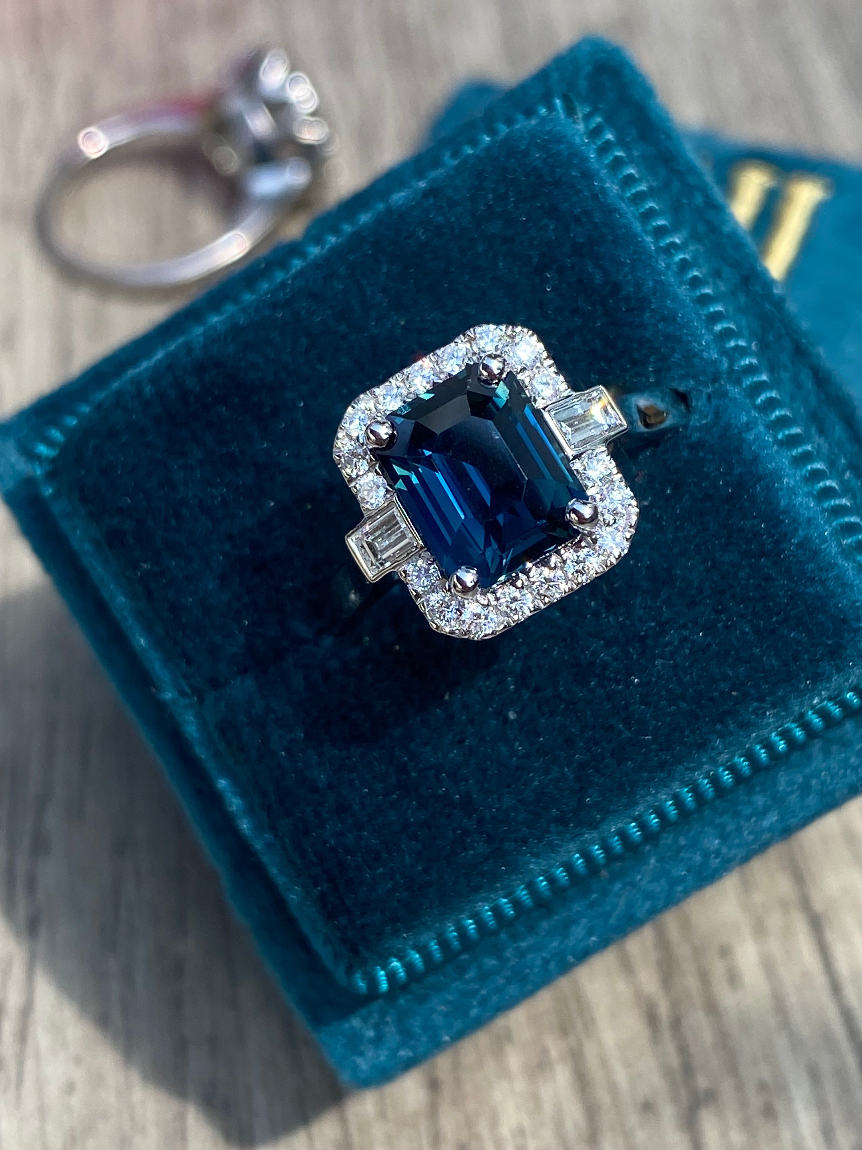 2.52 Carat Emerald Cut Teal Sapphire and Natural Diamond Halo Ring in Platinum
