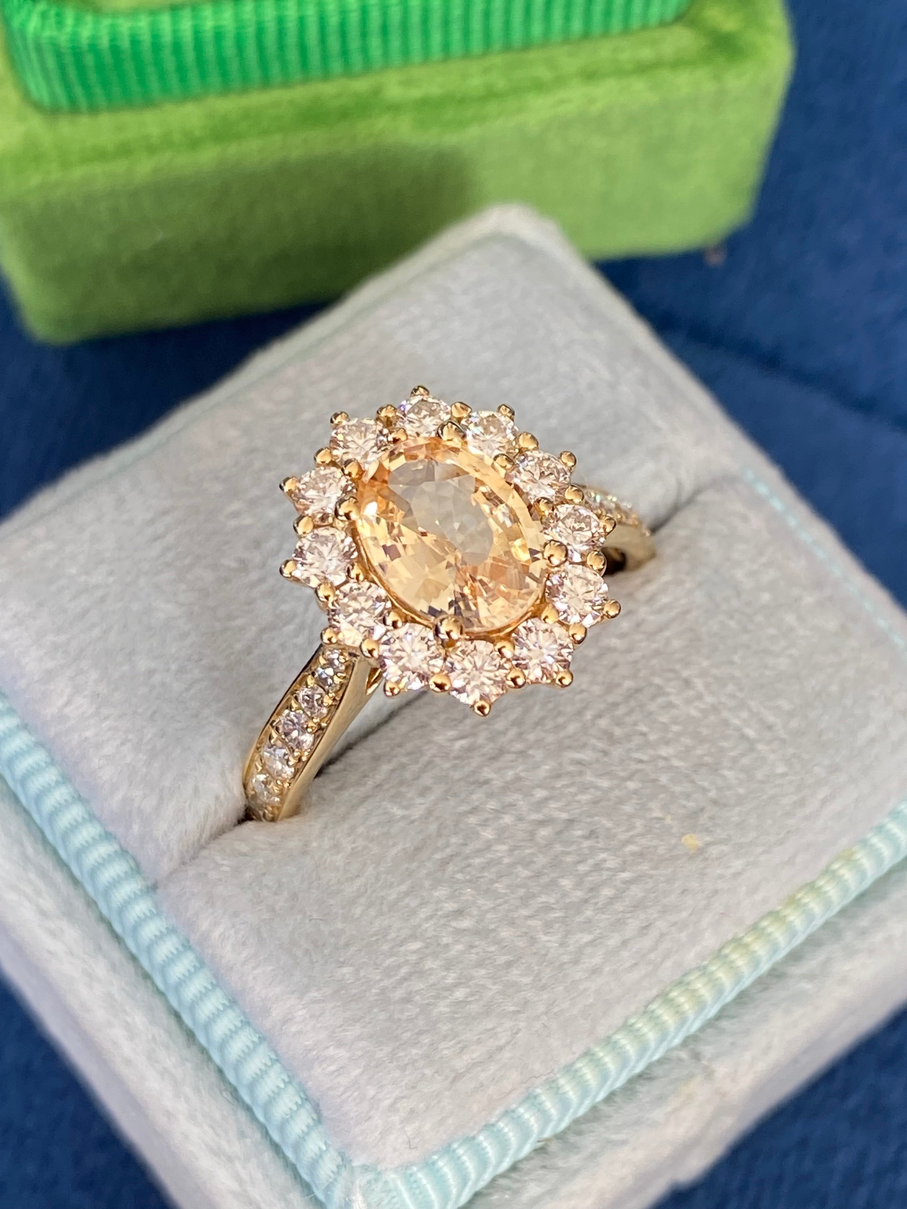 2.24 CTW Peach Sapphire and Natural Diamond Halo Ring in 18ct Yellow Gold