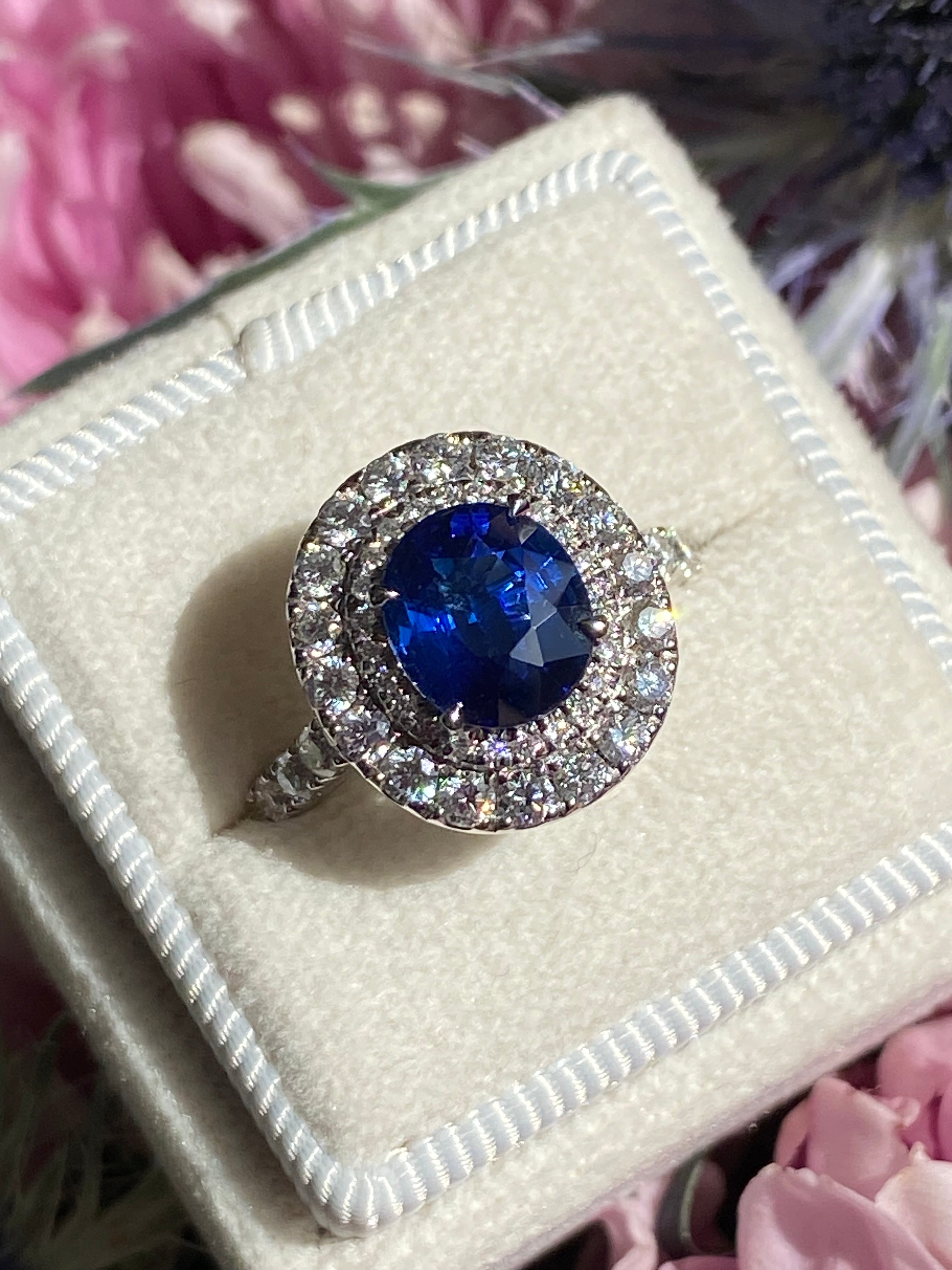 2.21 Carat Blue Ceylon Sapphire and 1.04 CTW Natural Diamond Halo Ring in Platinum