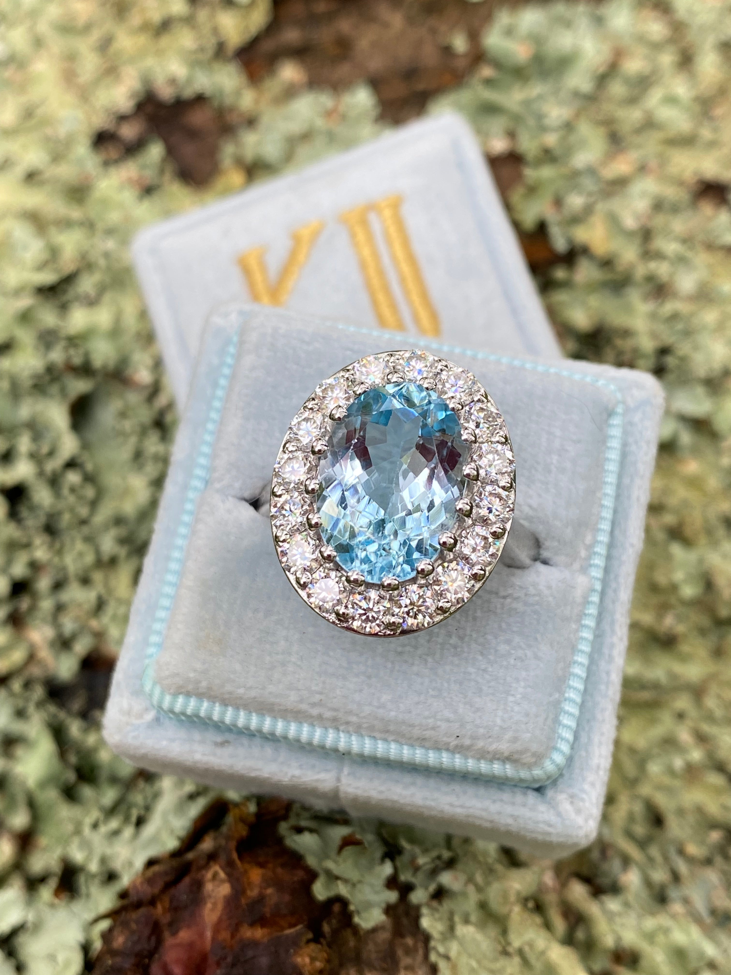 9.60 CTW Oval Cut Blue Topaz and Moissanite Halo Cocktail Ring in Sterling Silver