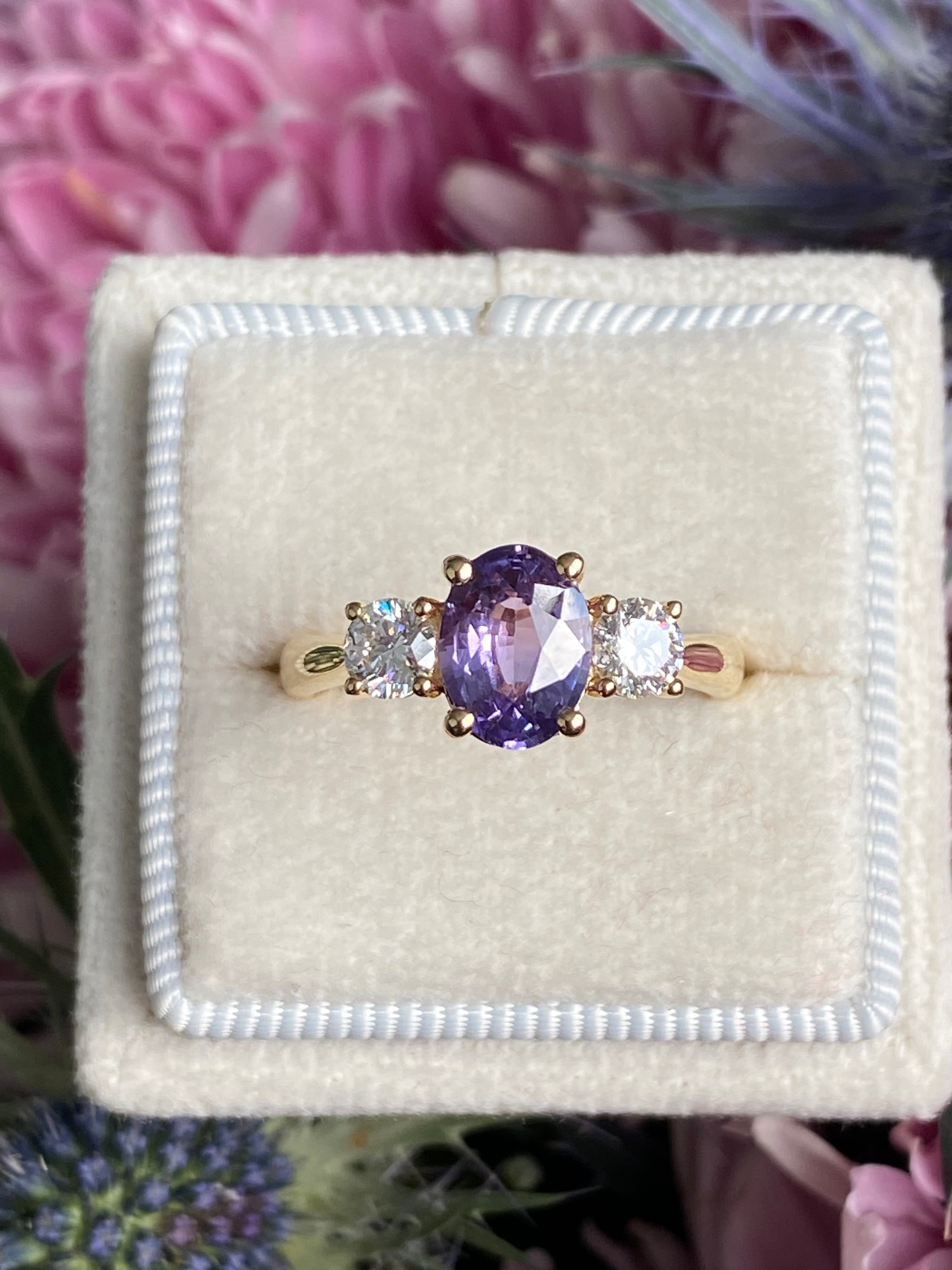 1.82 CTW Purple Sapphire and Natural Diamond Three Stone Ring in 18ct Yellow Gold