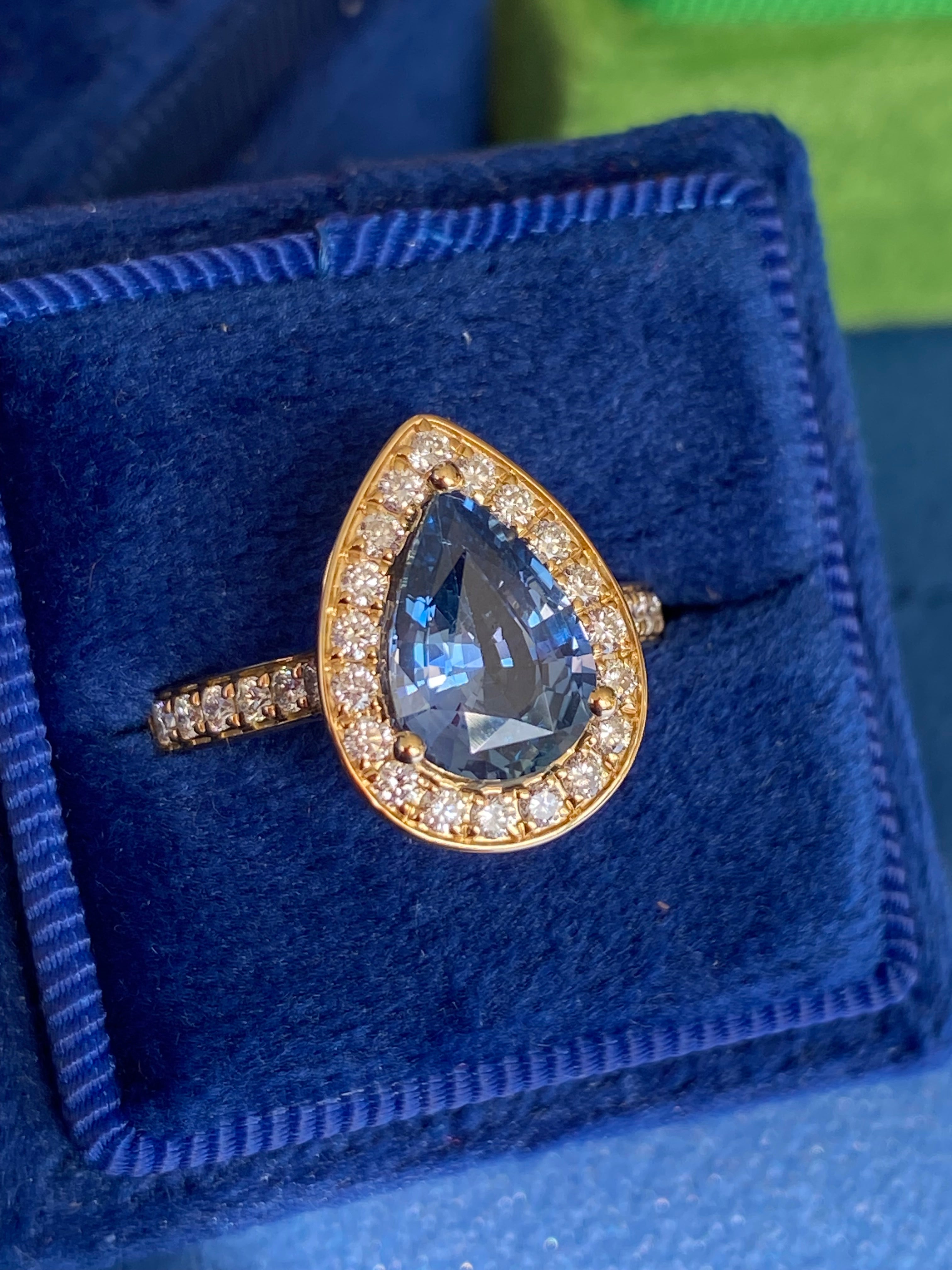 2.07 Carat Pear Cut Teal Sapphire and 0.48 CTW Natural Diamond Ring in 18ct Yellow Gold