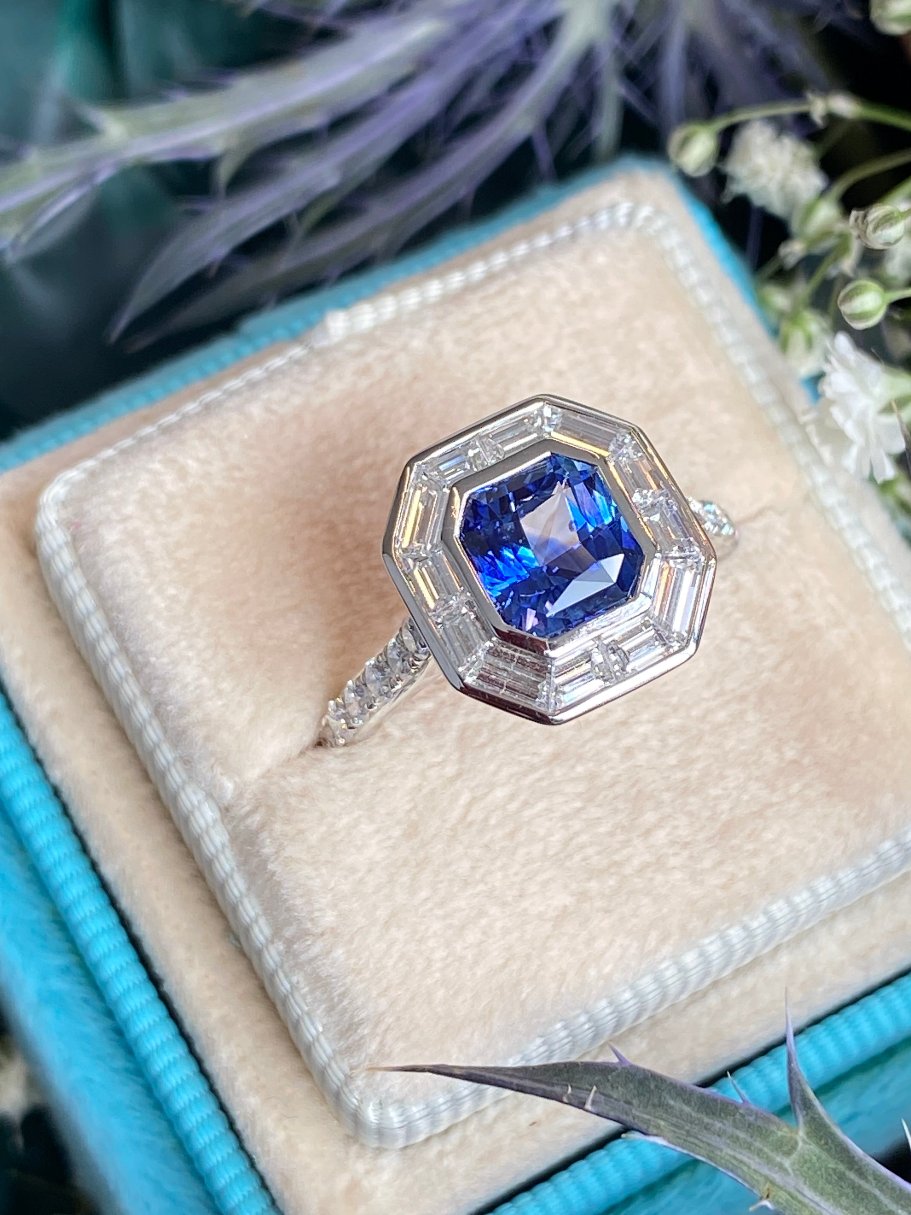 2.10 Carat Blue Ceylon Sapphire and 1.09 CTW Natural Diamond Halo Ring in Platinum