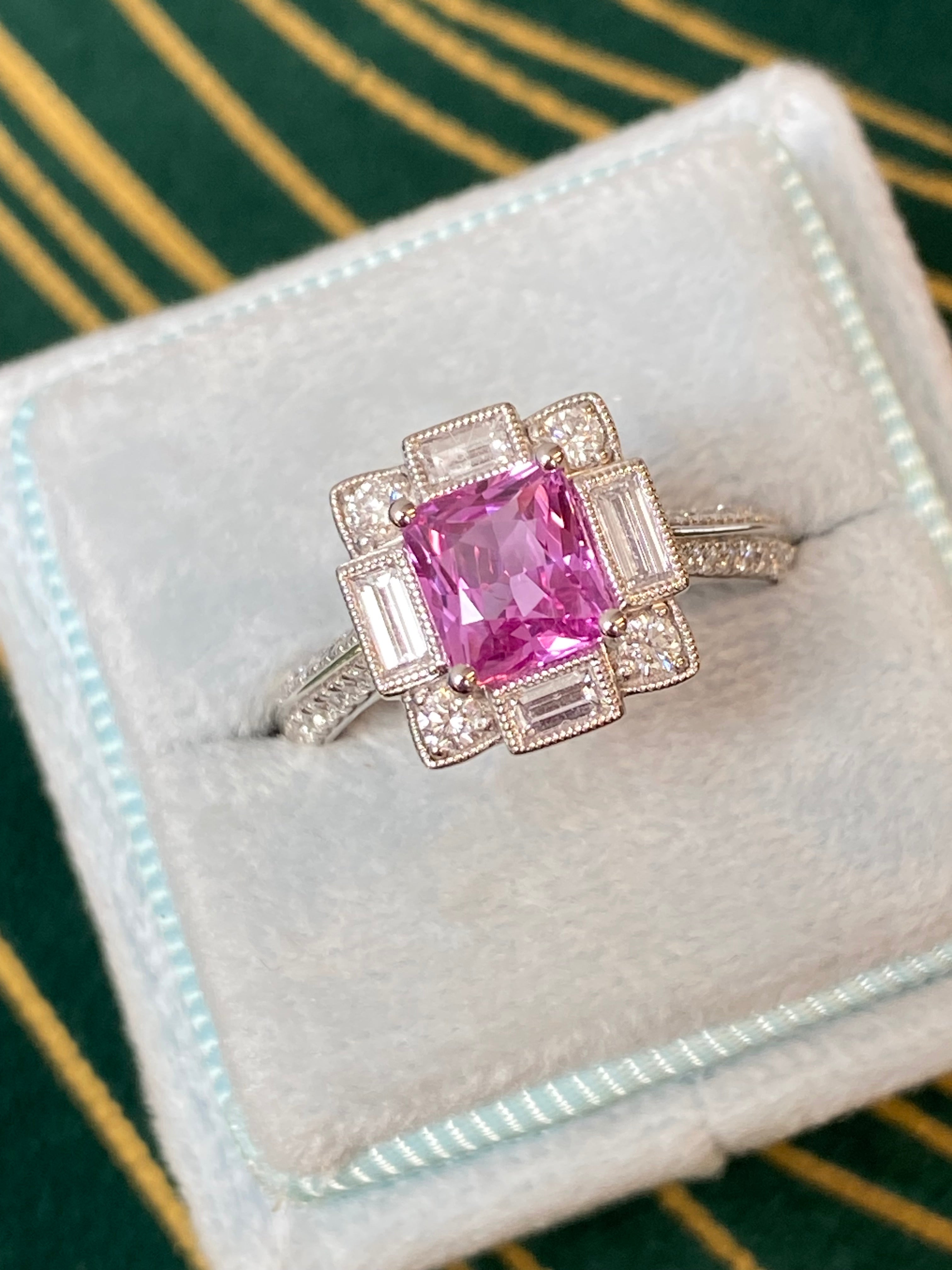 Candy Pink Sapphire Art Deco Style Ring in Platinum