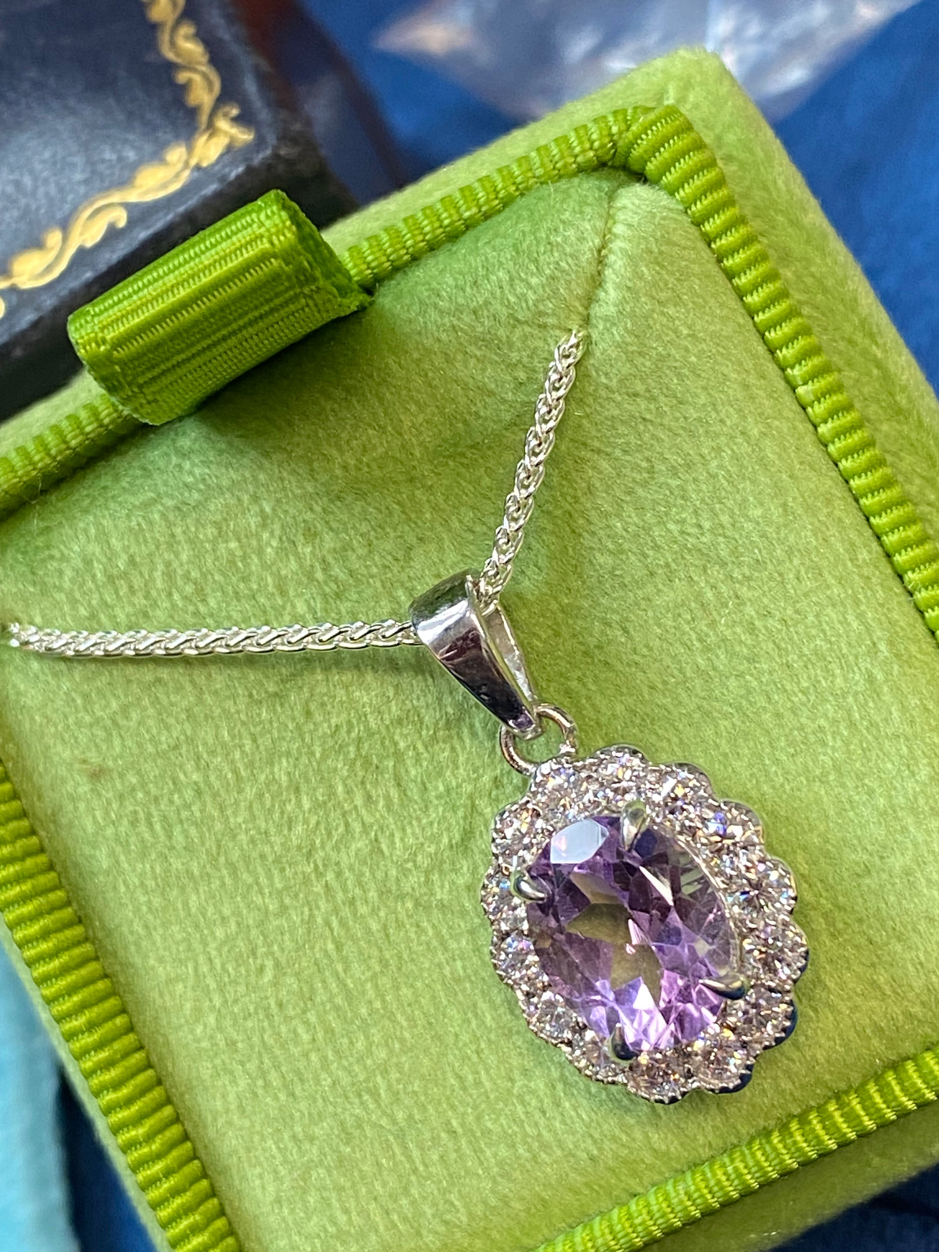 5.00 CTW Rose De France Amethyst and Moissanite Halo Pendant Necklace in Sterling Silver
