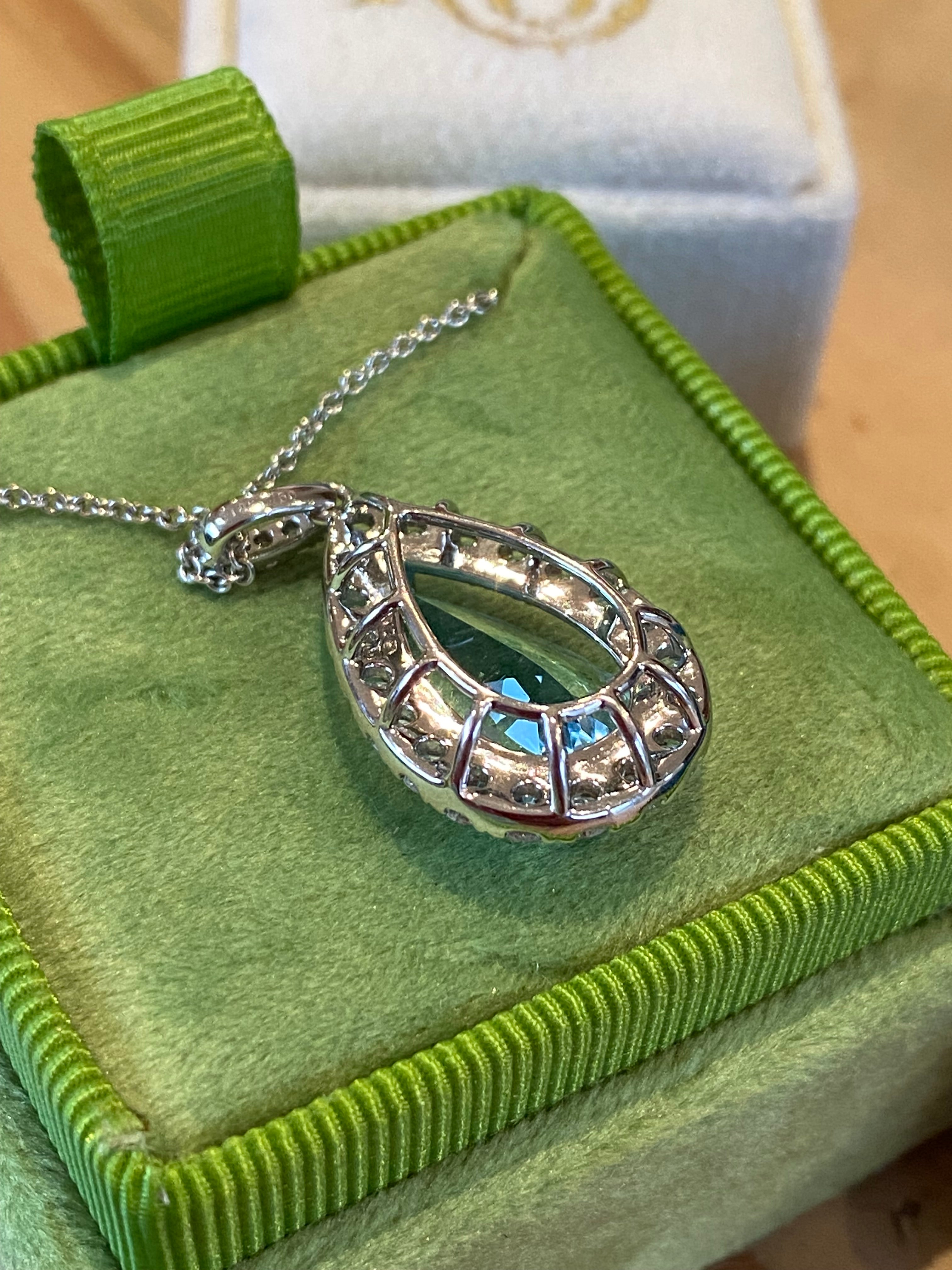 5.14 CTW Pear Cut Aquamarine and Natural Diamond Pendant Necklace in 18ct White Gold